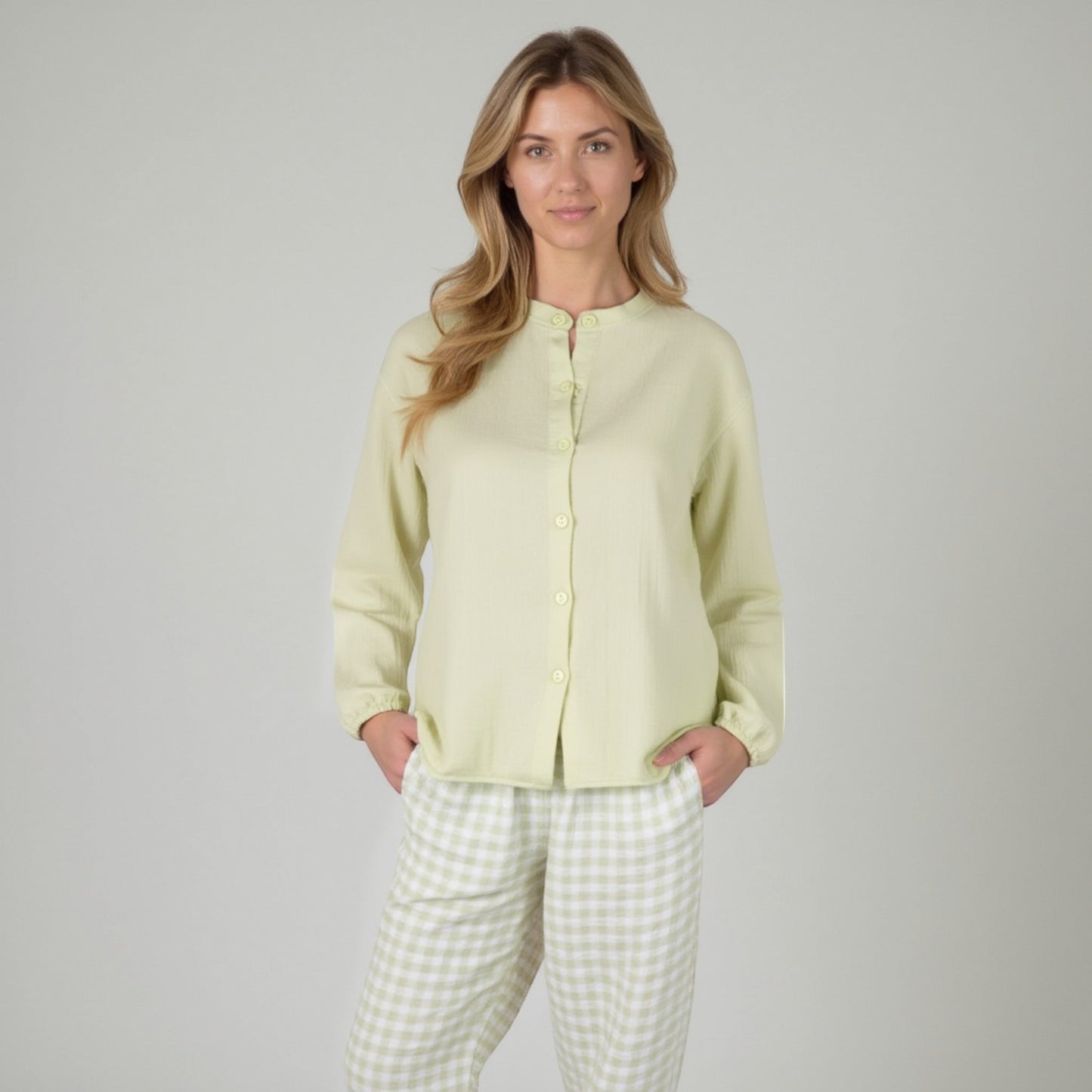 Woven Pajama Set with Long Sleeve Button-Up Top Elastic Cuff Sleeves and Relaxed Gingham Print Lounge Pants