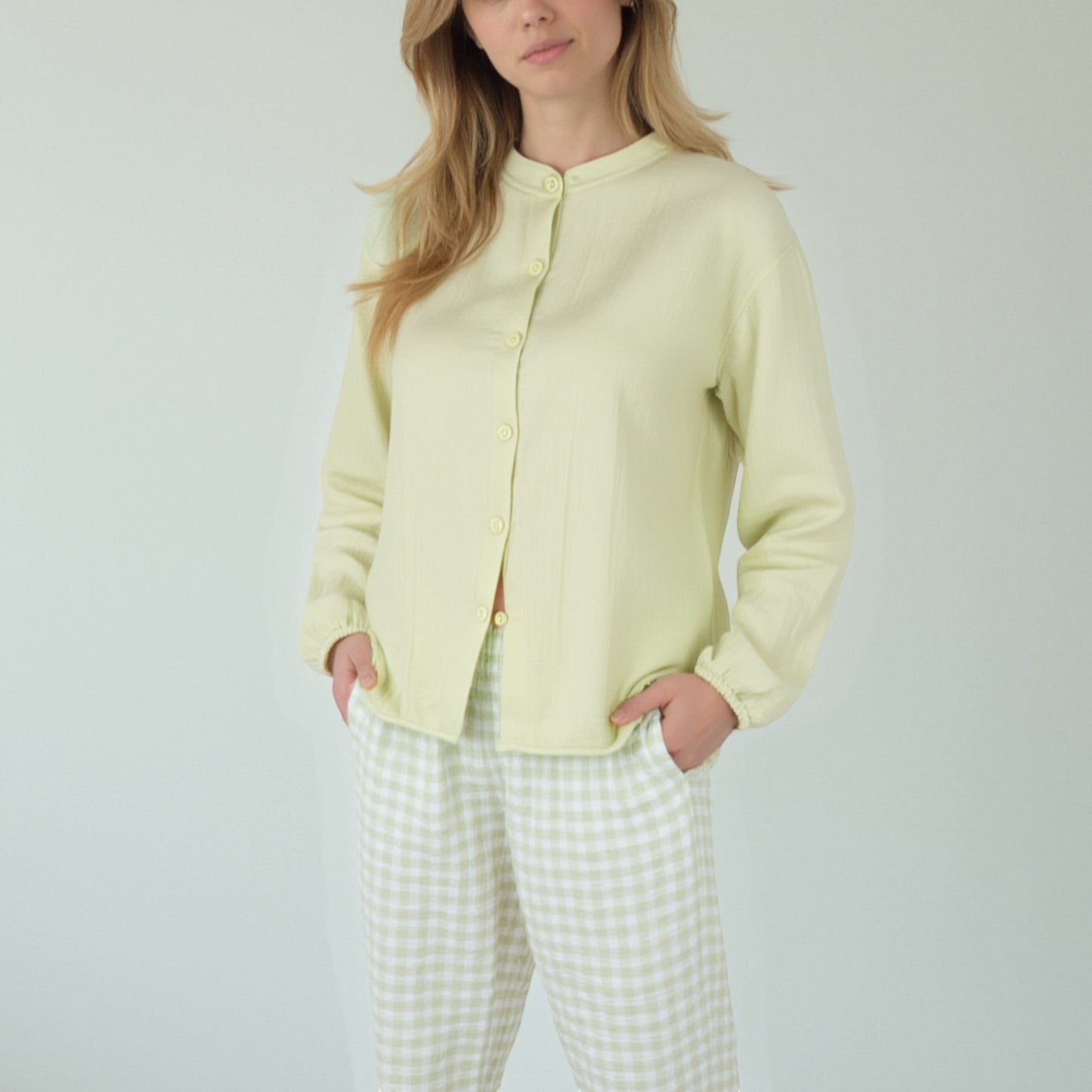 Woven Pajama Set with Long Sleeve Button-Up Top Elastic Cuff Sleeves and Relaxed Gingham Print Lounge Pants
