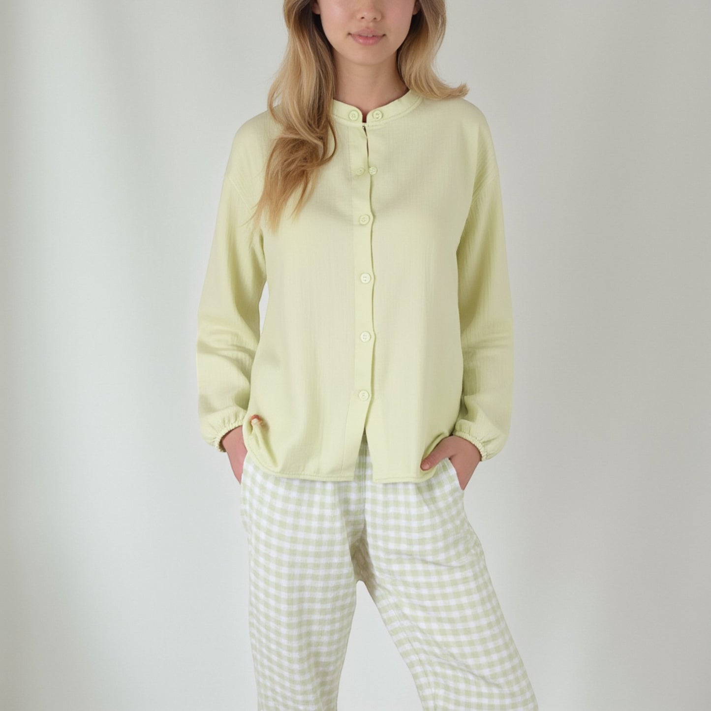 Woven Pajama Set with Long Sleeve Button-Up Top Elastic Cuff Sleeves and Relaxed Gingham Print Lounge Pants
