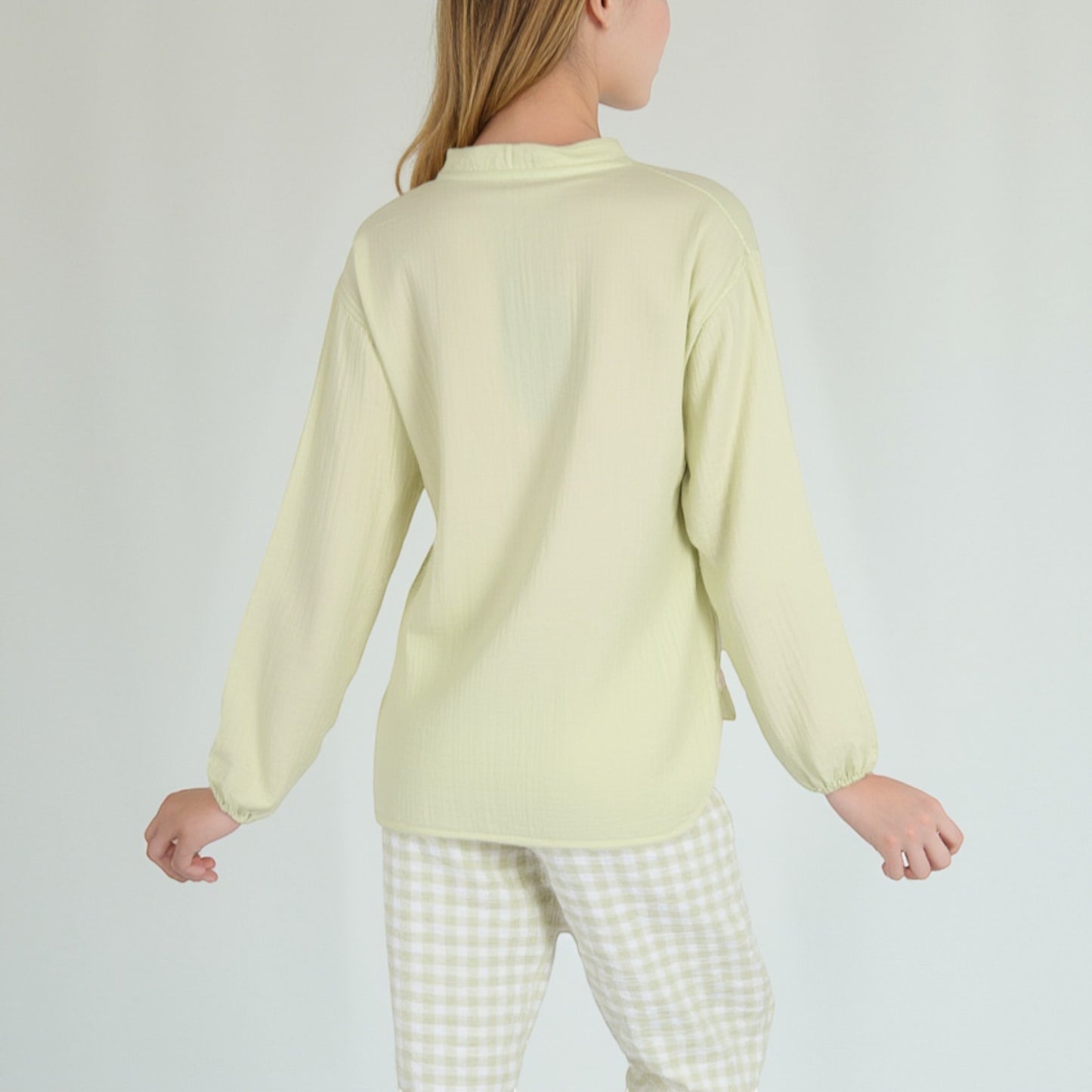 Woven Pajama Set with Long Sleeve Button-Up Top Elastic Cuff Sleeves and Relaxed Gingham Print Lounge Pants