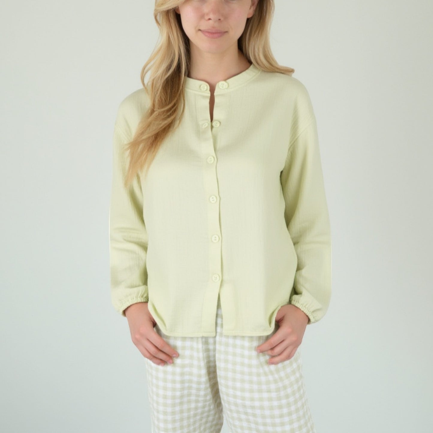 Woven Pajama Set with Long Sleeve Button-Up Top Elastic Cuff Sleeves and Relaxed Gingham Print Lounge Pants