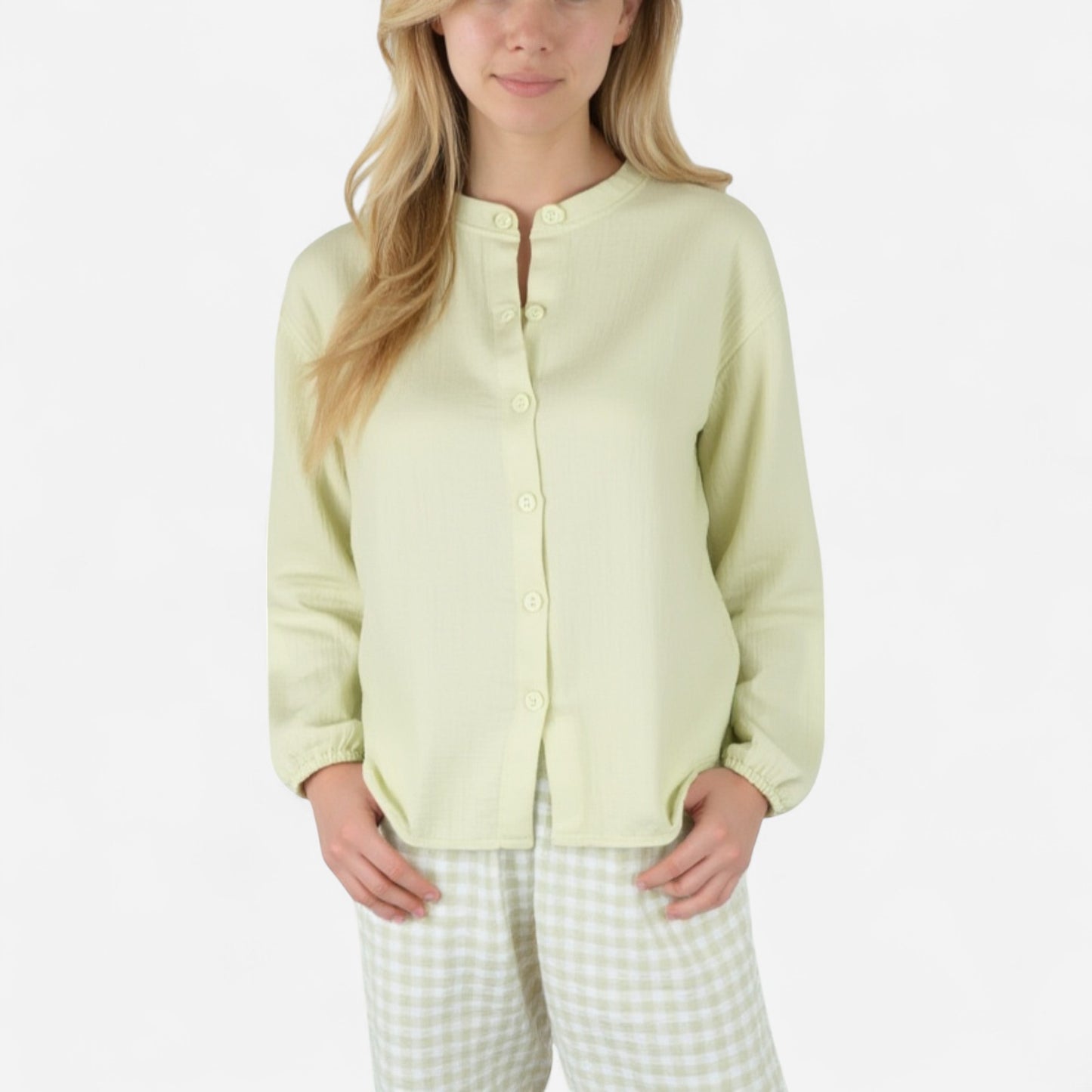 Woven Pajama Set with Long Sleeve Button-Up Top Elastic Cuff Sleeves and Relaxed Gingham Print Lounge Pants