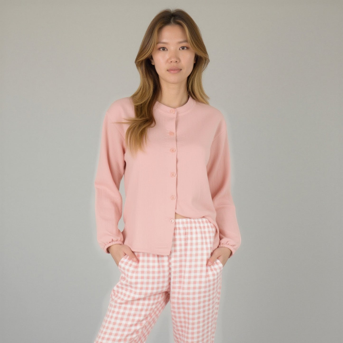 Woven Pajama Set with Long Sleeve Button-Up Top Elastic Cuff Sleeves and Relaxed Gingham Print Lounge Pants