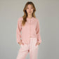 Woven Pajama Set with Long Sleeve Button-Up Top Elastic Cuff Sleeves and Relaxed Gingham Print Lounge Pants