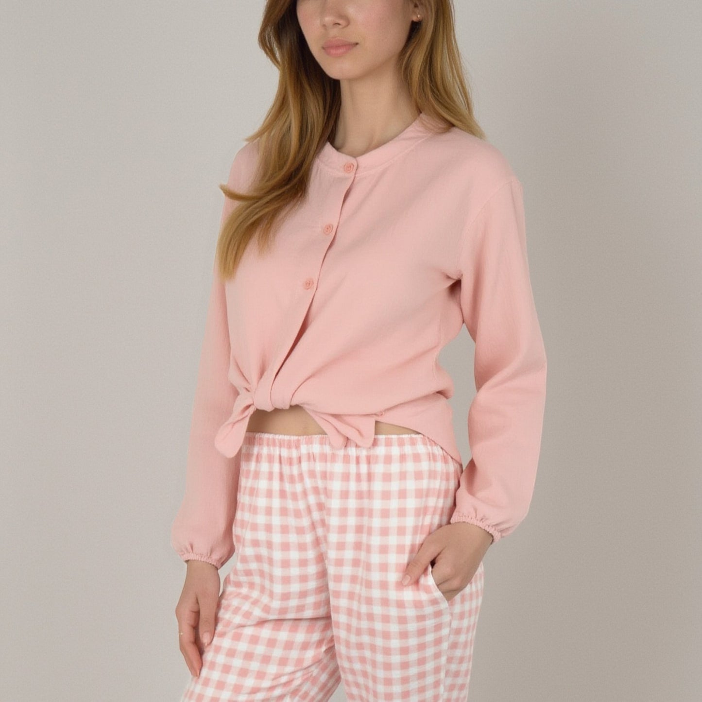 Woven Pajama Set with Long Sleeve Button-Up Top Elastic Cuff Sleeves and Relaxed Gingham Print Lounge Pants