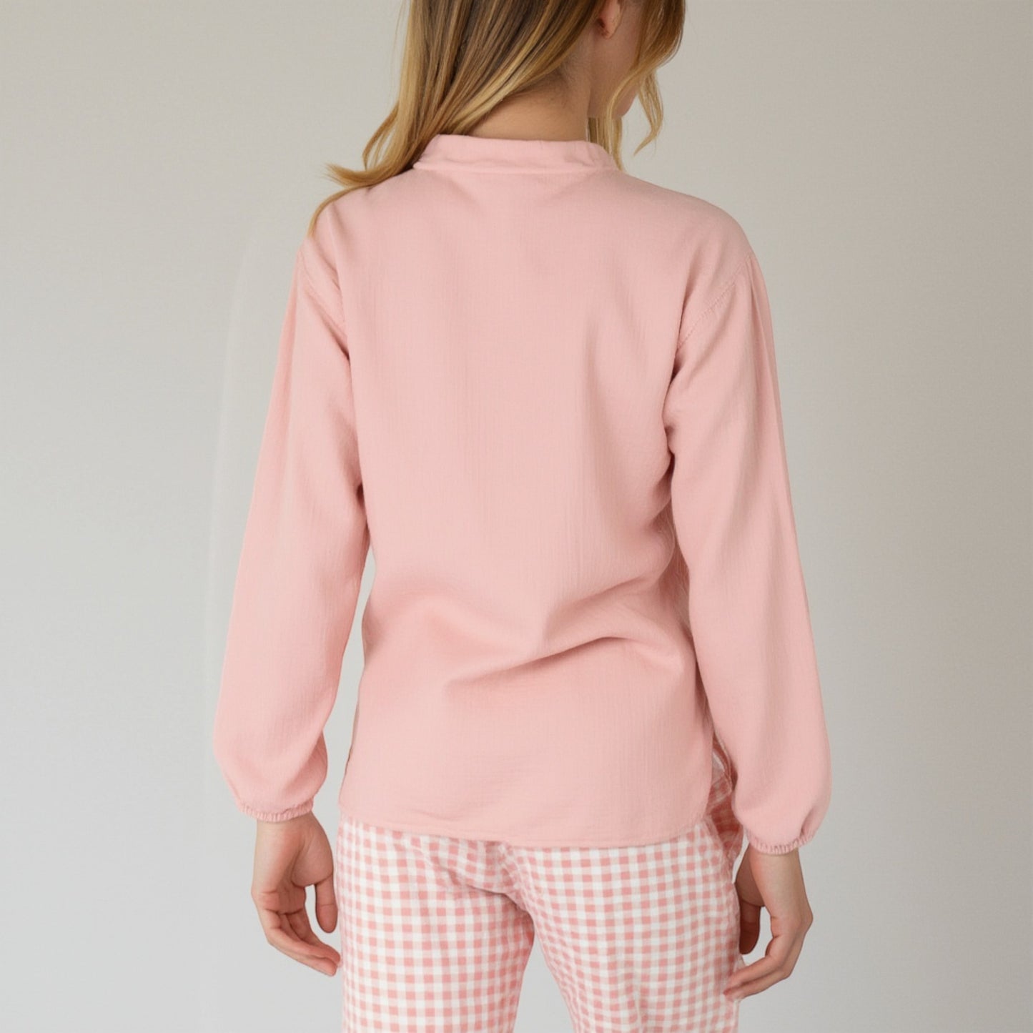Woven Pajama Set with Long Sleeve Button-Up Top Elastic Cuff Sleeves and Relaxed Gingham Print Lounge Pants