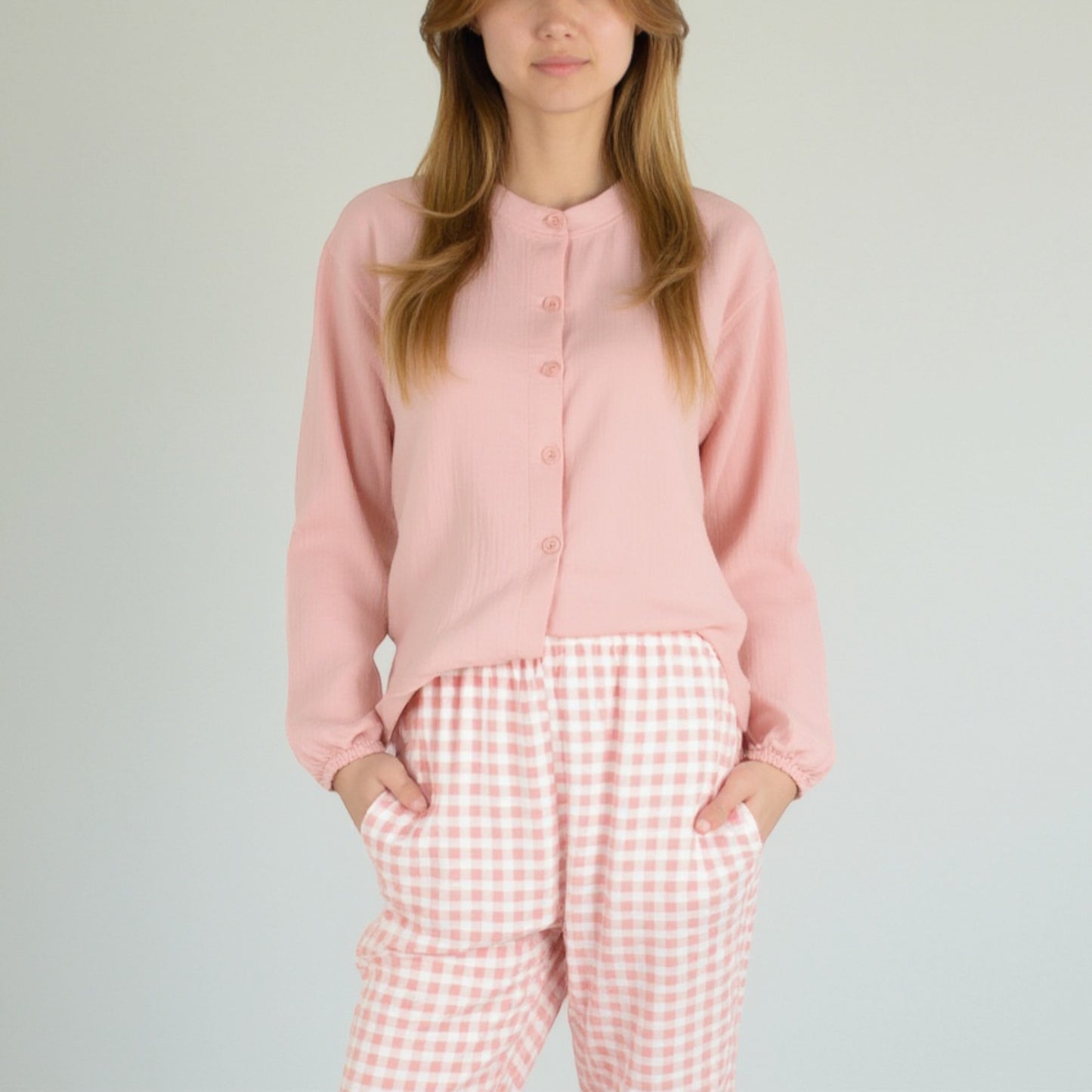 Woven Pajama Set with Long Sleeve Button-Up Top Elastic Cuff Sleeves and Relaxed Gingham Print Lounge Pants
