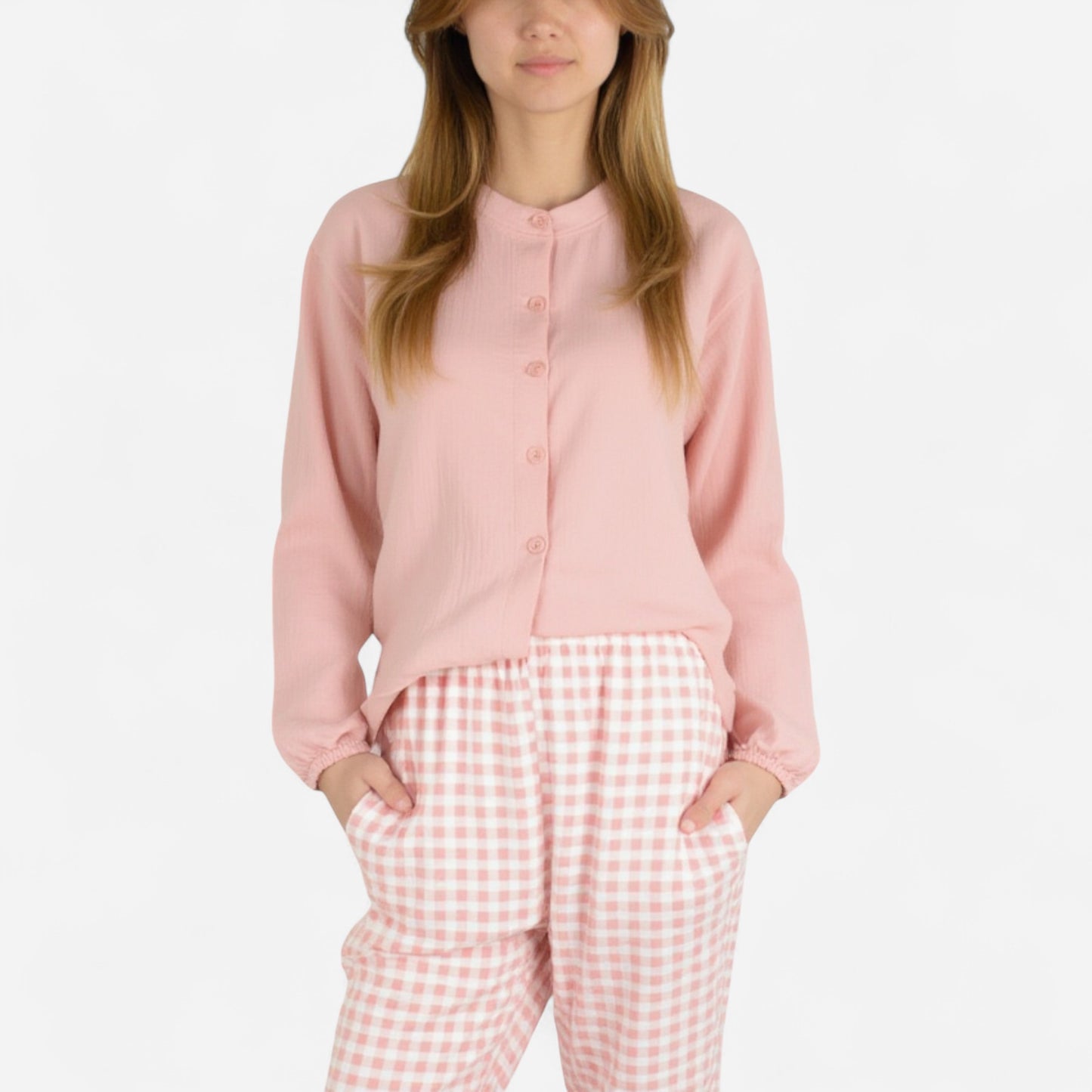 Woven Pajama Set with Long Sleeve Button-Up Top Elastic Cuff Sleeves and Relaxed Gingham Print Lounge Pants