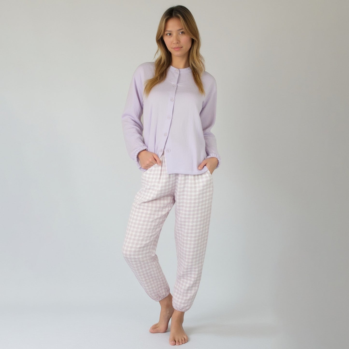 Woven Pajama Set with Long Sleeve Button-Up Top Elastic Cuff Sleeves and Relaxed Gingham Print Lounge Pants