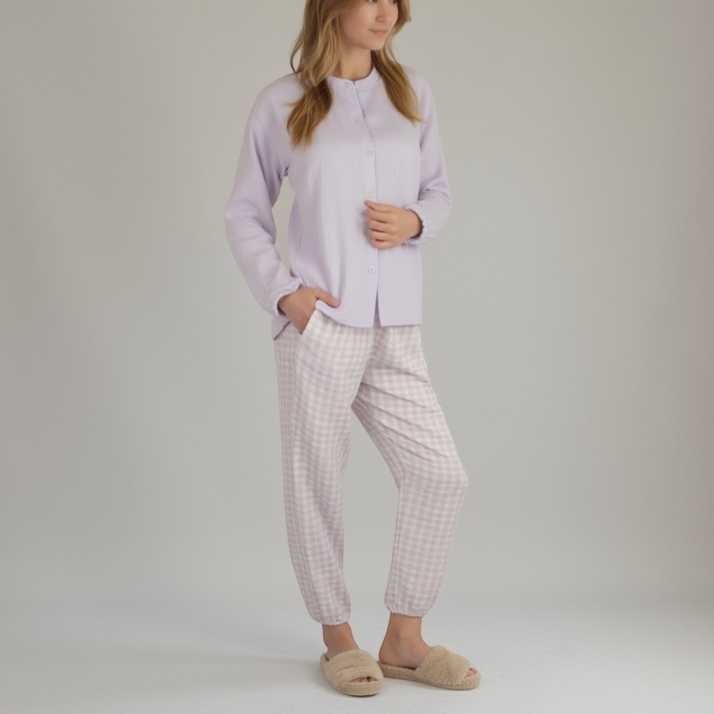 Woven Pajama Set with Long Sleeve Button-Up Top Elastic Cuff Sleeves and Relaxed Gingham Print Lounge Pants