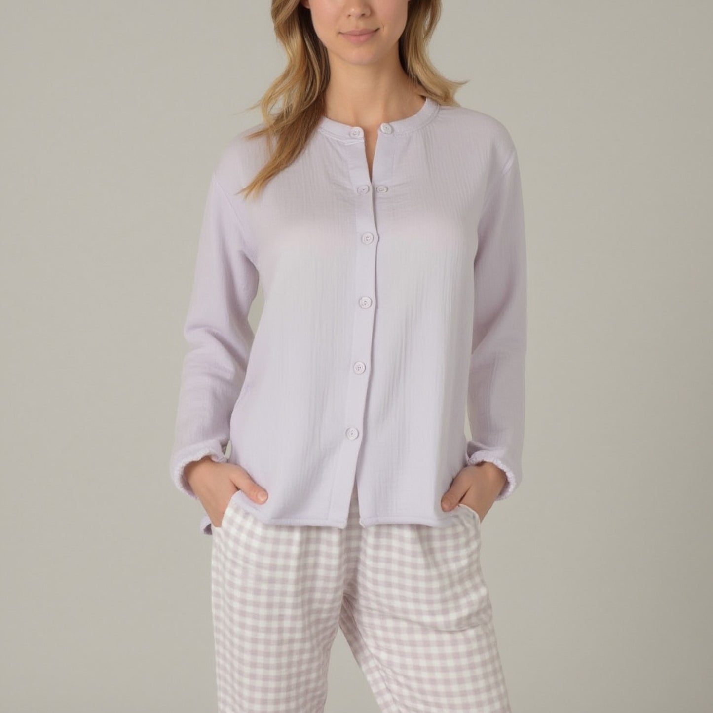Woven Pajama Set with Long Sleeve Button-Up Top Elastic Cuff Sleeves and Relaxed Gingham Print Lounge Pants
