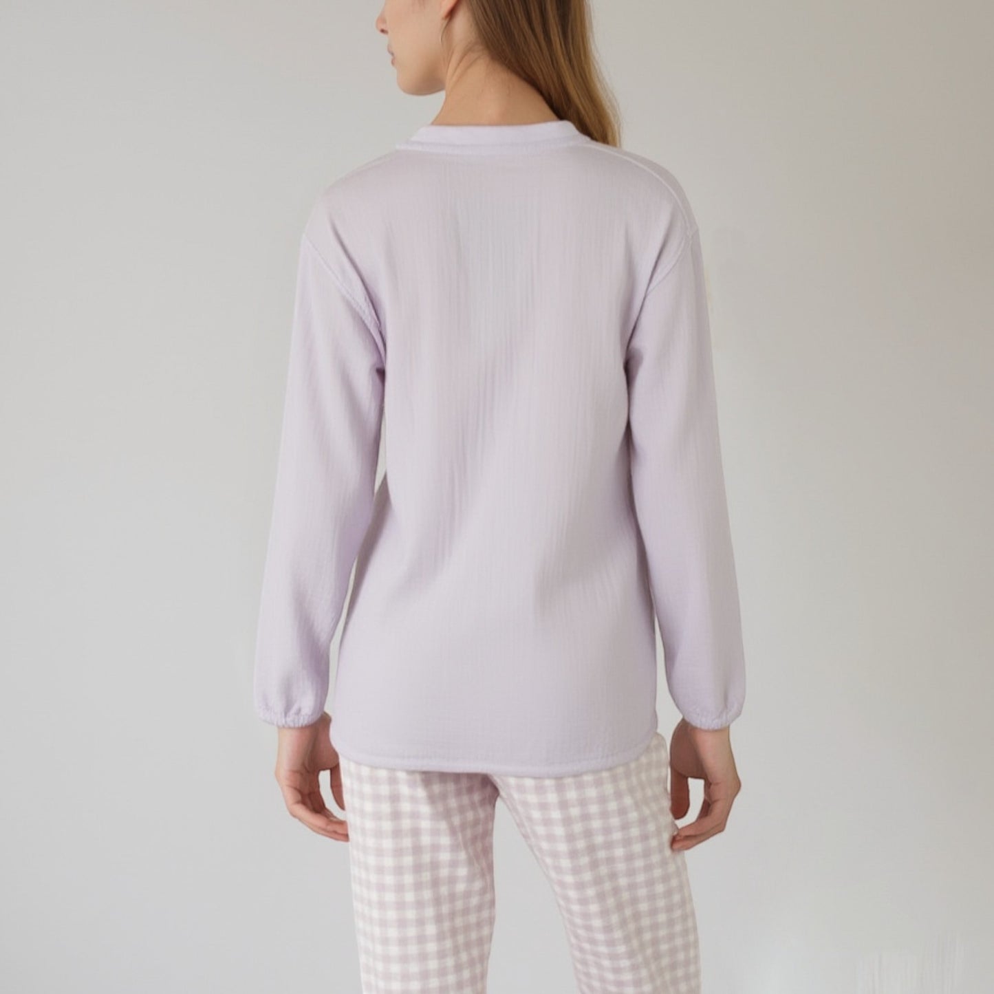 Woven Pajama Set with Long Sleeve Button-Up Top Elastic Cuff Sleeves and Relaxed Gingham Print Lounge Pants