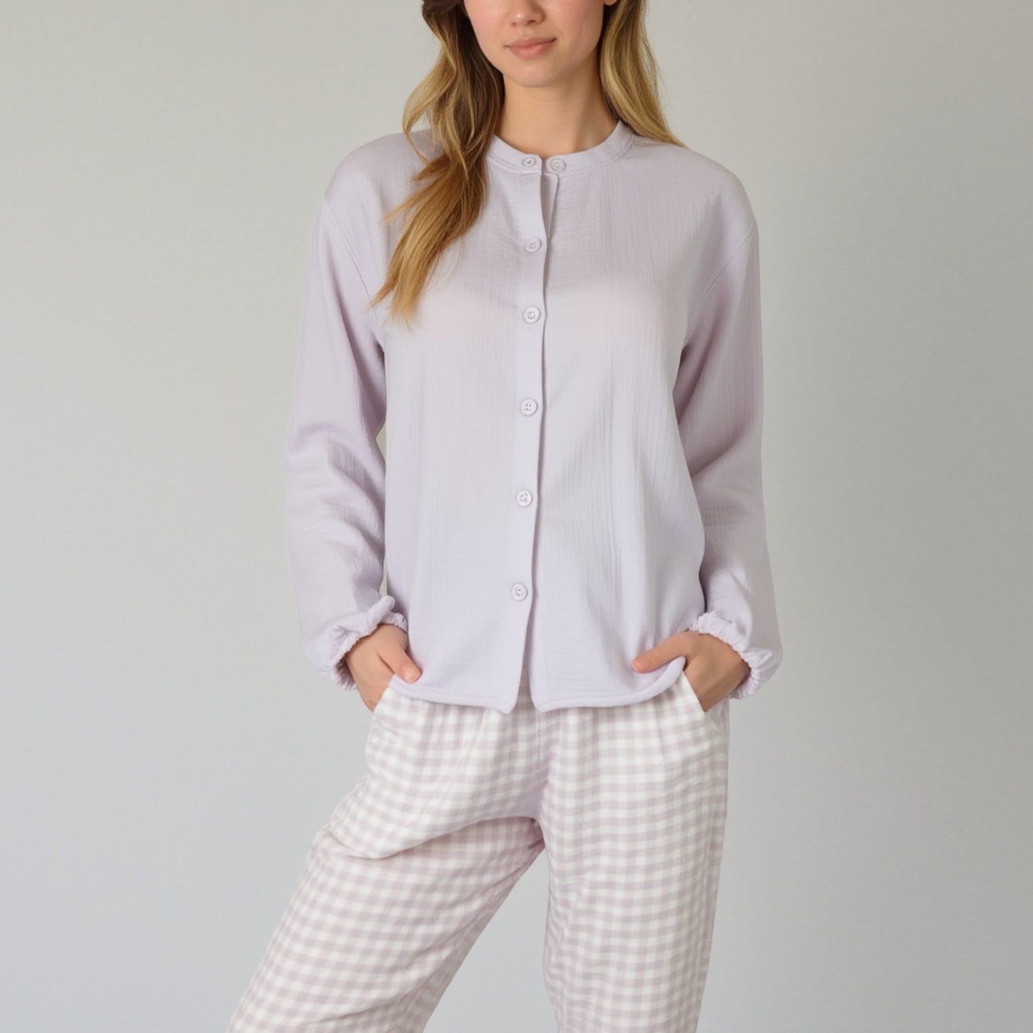 Woven Pajama Set with Long Sleeve Button-Up Top Elastic Cuff Sleeves and Relaxed Gingham Print Lounge Pants