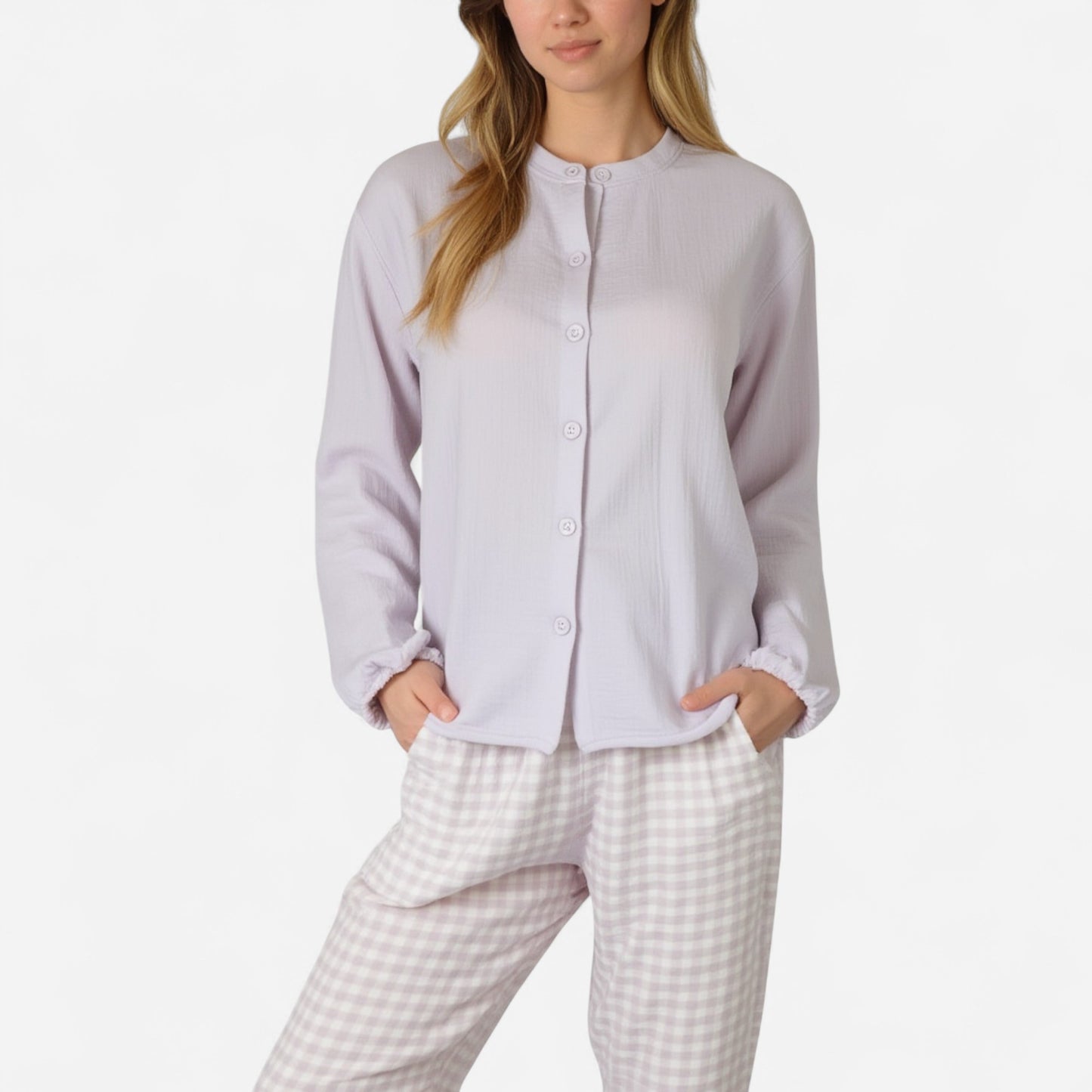 Woven Pajama Set with Long Sleeve Button-Up Top Elastic Cuff Sleeves and Relaxed Gingham Print Lounge Pants