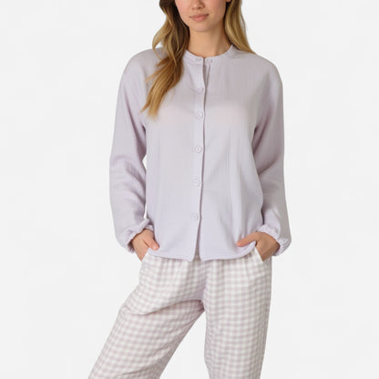 Woven Pajama Set with Long Sleeve Button-Up Top Elastic Cuff Sleeves and Relaxed Gingham Print Lounge Pants