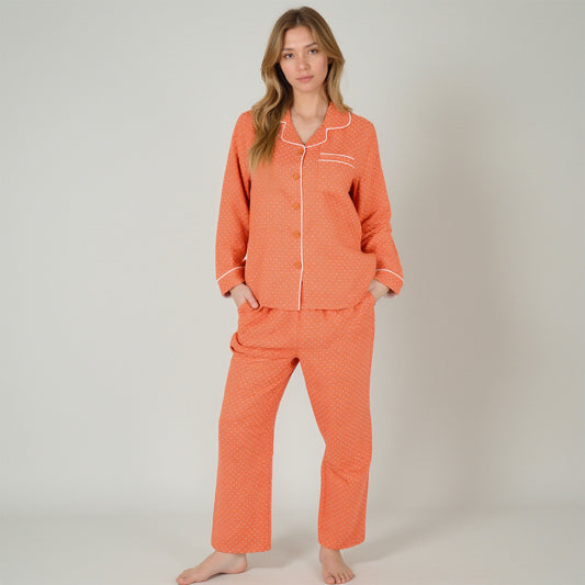 Polka Dot Pajama Set with Long Sleeve Button-Up Top Contrast Piping and Relaxed Fit Matching Pants
