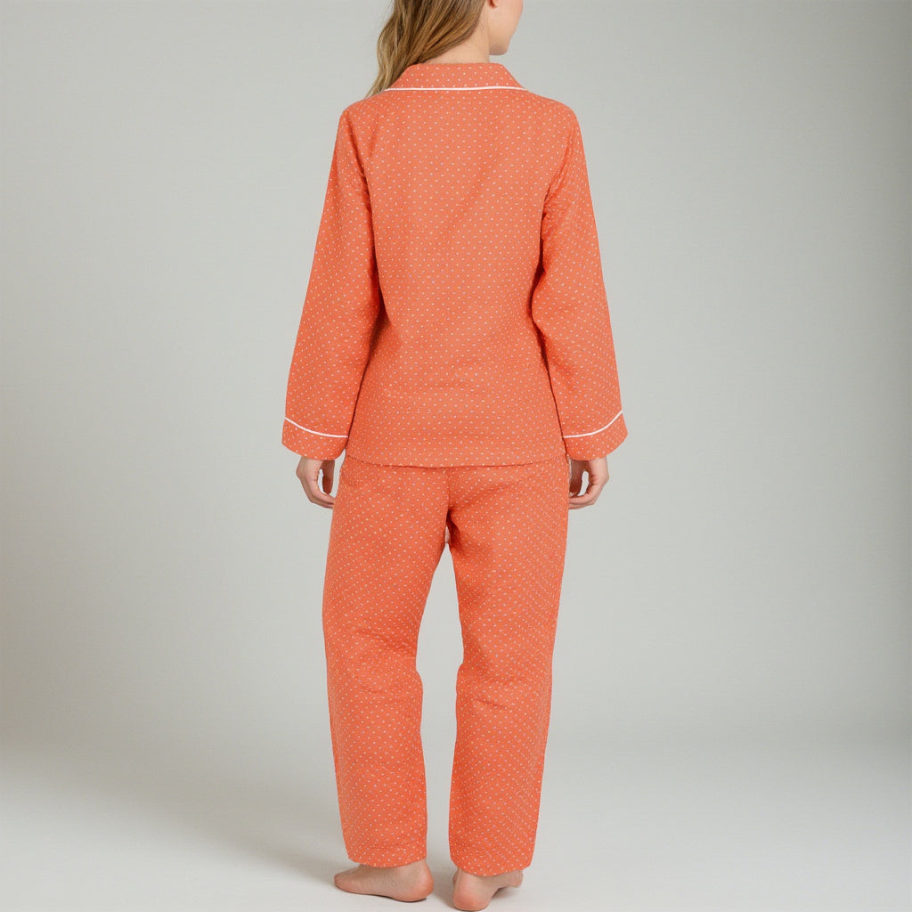 Polka Dot Pajama Set with Long Sleeve Button-Up Top Contrast Piping and Relaxed Fit Matching Pants