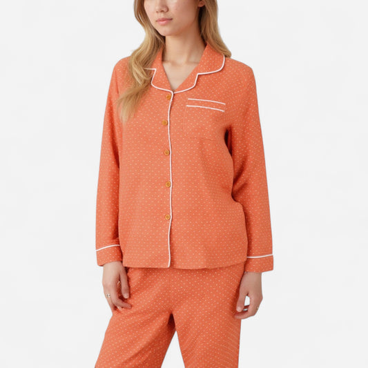 Polka Dot Pajama Set with Long Sleeve Button-Up Top Contrast Piping and Relaxed Fit Matching Pants