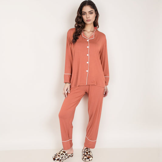 Long Sleeve Button Front Pajama Set with Contrast Piping Trim