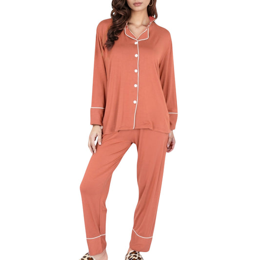 Long Sleeve Button Front Pajama Set with Contrast Piping Trim