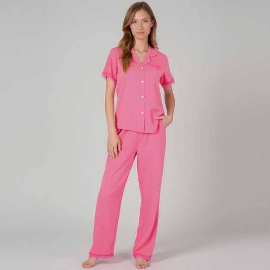 Short Sleeve Pajama Set with Button-Up Top Lace Trim Sleeves Chest Pocket and Relaxed Fit Lounge Pants