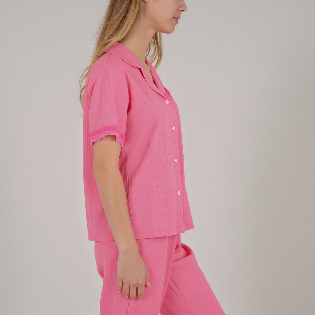 Short Sleeve Pajama Set with Button-Up Top Lace Trim Sleeves Chest Pocket and Relaxed Fit Lounge Pants
