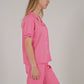 Short Sleeve Pajama Set with Button-Up Top Lace Trim Sleeves Chest Pocket and Relaxed Fit Lounge Pants