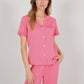 Short Sleeve Pajama Set with Button-Up Top Lace Trim Sleeves Chest Pocket and Relaxed Fit Lounge Pants