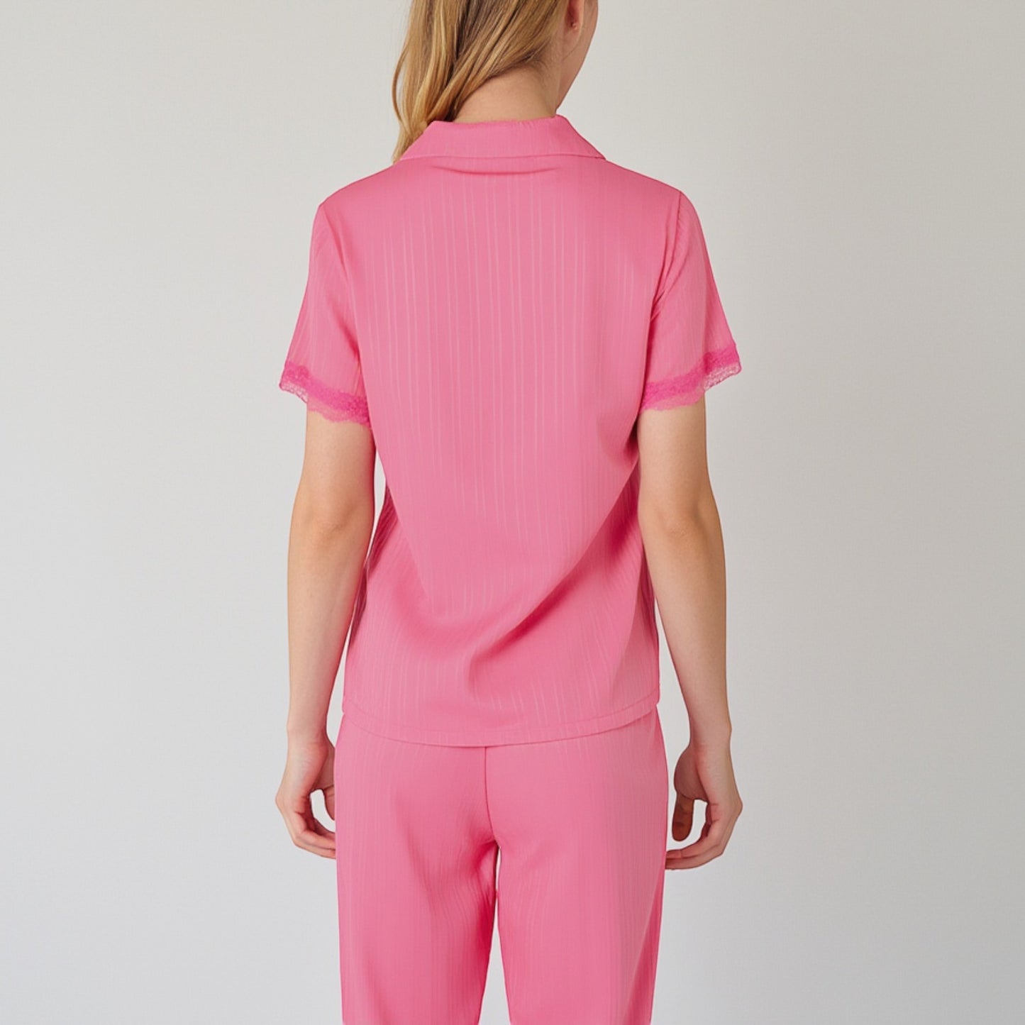 Short Sleeve Pajama Set with Button-Up Top Lace Trim Sleeves Chest Pocket and Relaxed Fit Lounge Pants