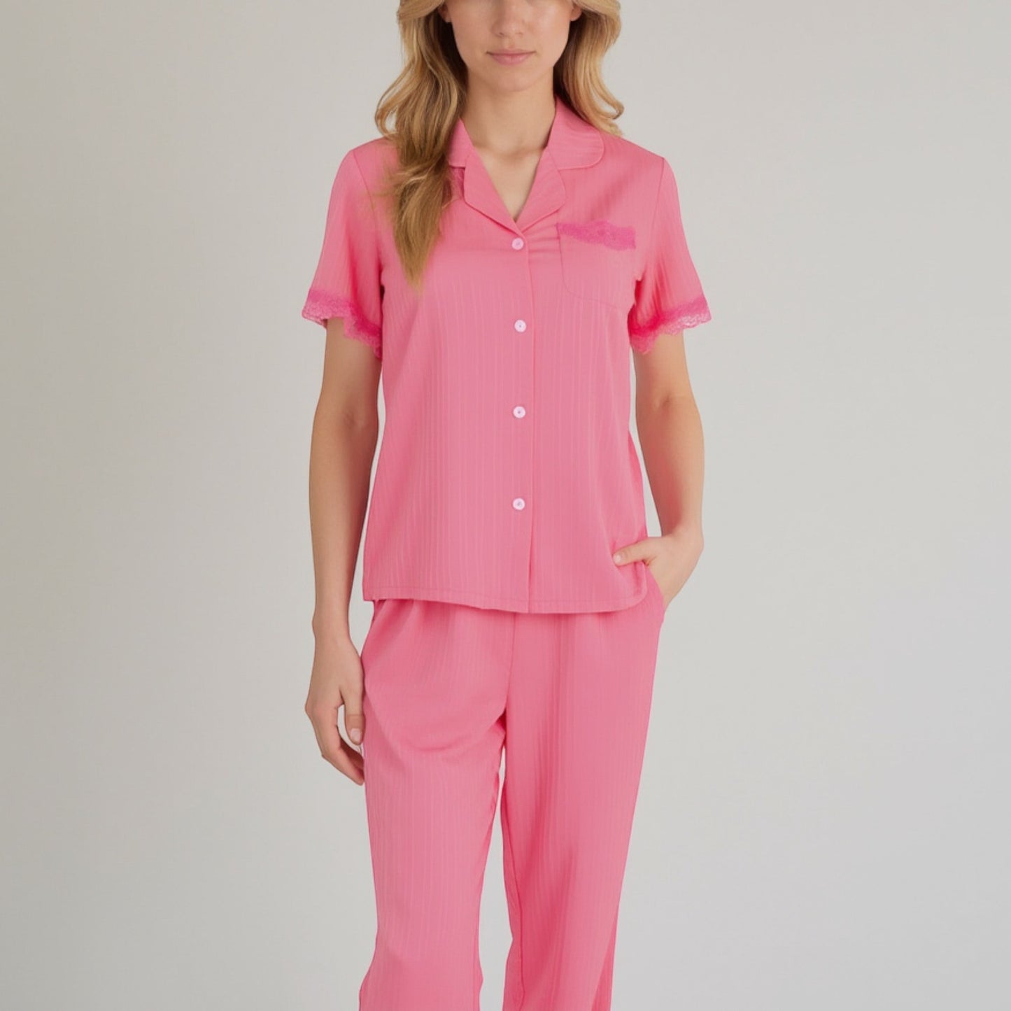 Short Sleeve Pajama Set with Button-Up Top Lace Trim Sleeves Chest Pocket and Relaxed Fit Lounge Pants