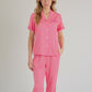 Short Sleeve Pajama Set with Button-Up Top Lace Trim Sleeves Chest Pocket and Relaxed Fit Lounge Pants