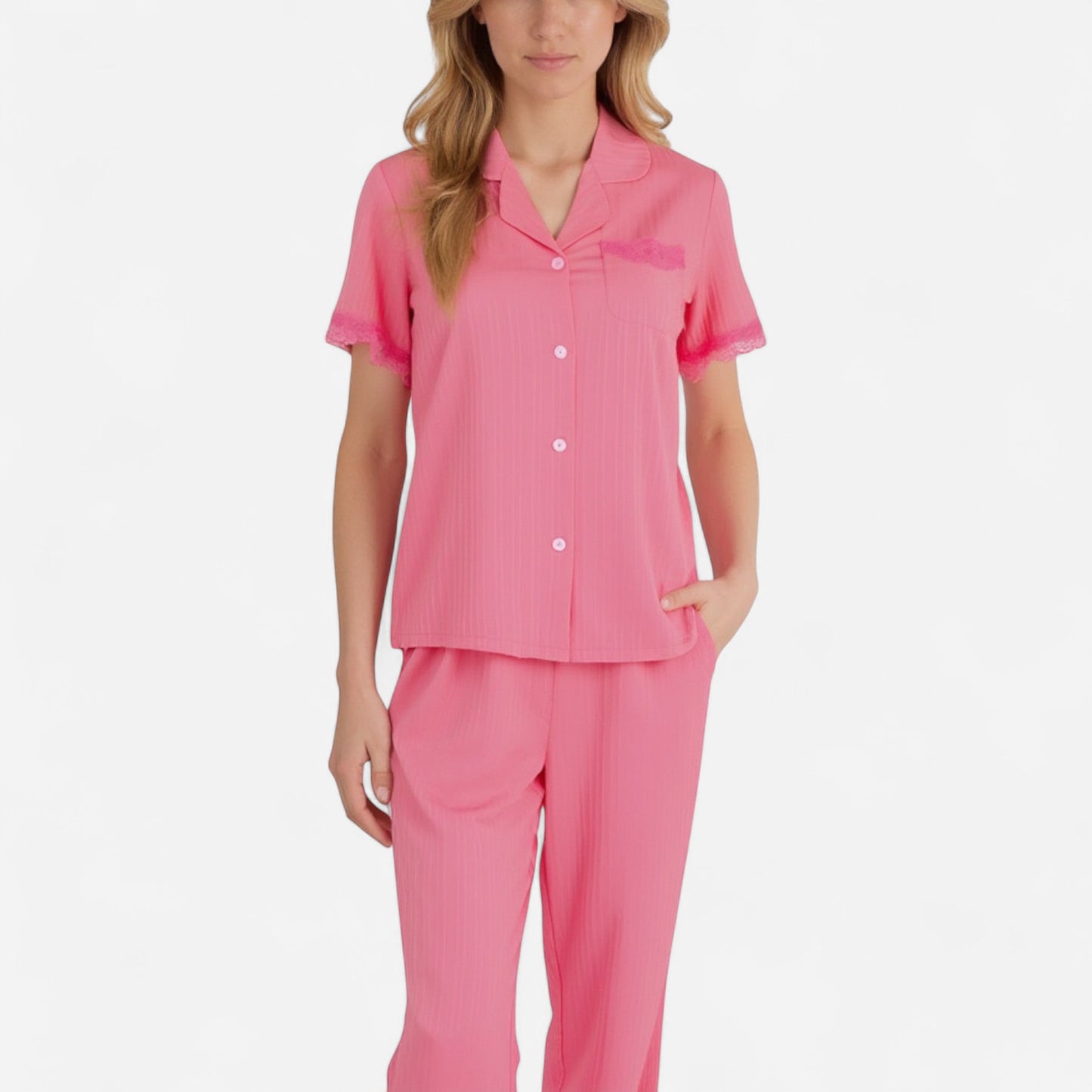 Short Sleeve Pajama Set with Button-Up Top Lace Trim Sleeves Chest Pocket and Relaxed Fit Lounge Pants