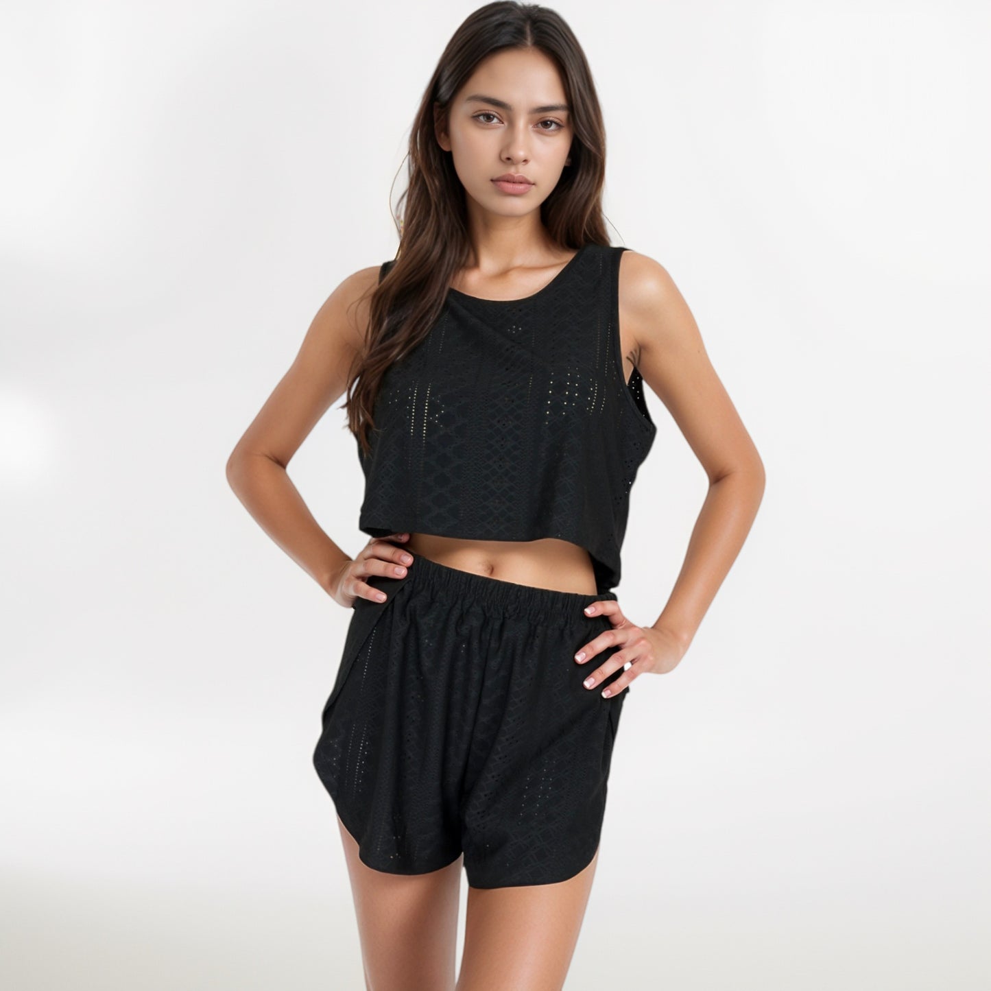 Eyelet Tank and Lounge Shorts Set with Elastic Waist and Relaxed Cropped Fit
