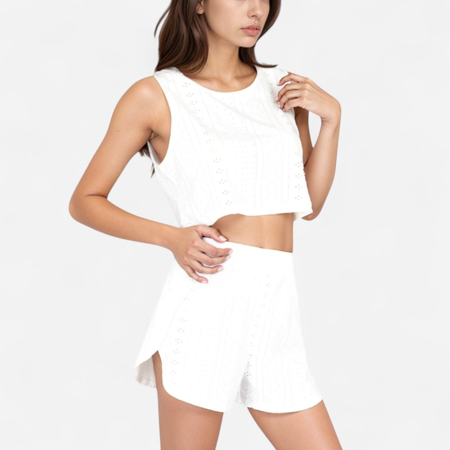Eyelet Tank and Lounge Shorts Set with Elastic Waist and Relaxed Cropped Fit