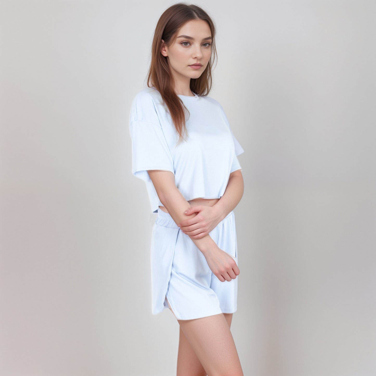 Ribbed Pajama Set with Cropped Short Sleeve Top Crew Neckline and Elastic Waist Lounge Shorts