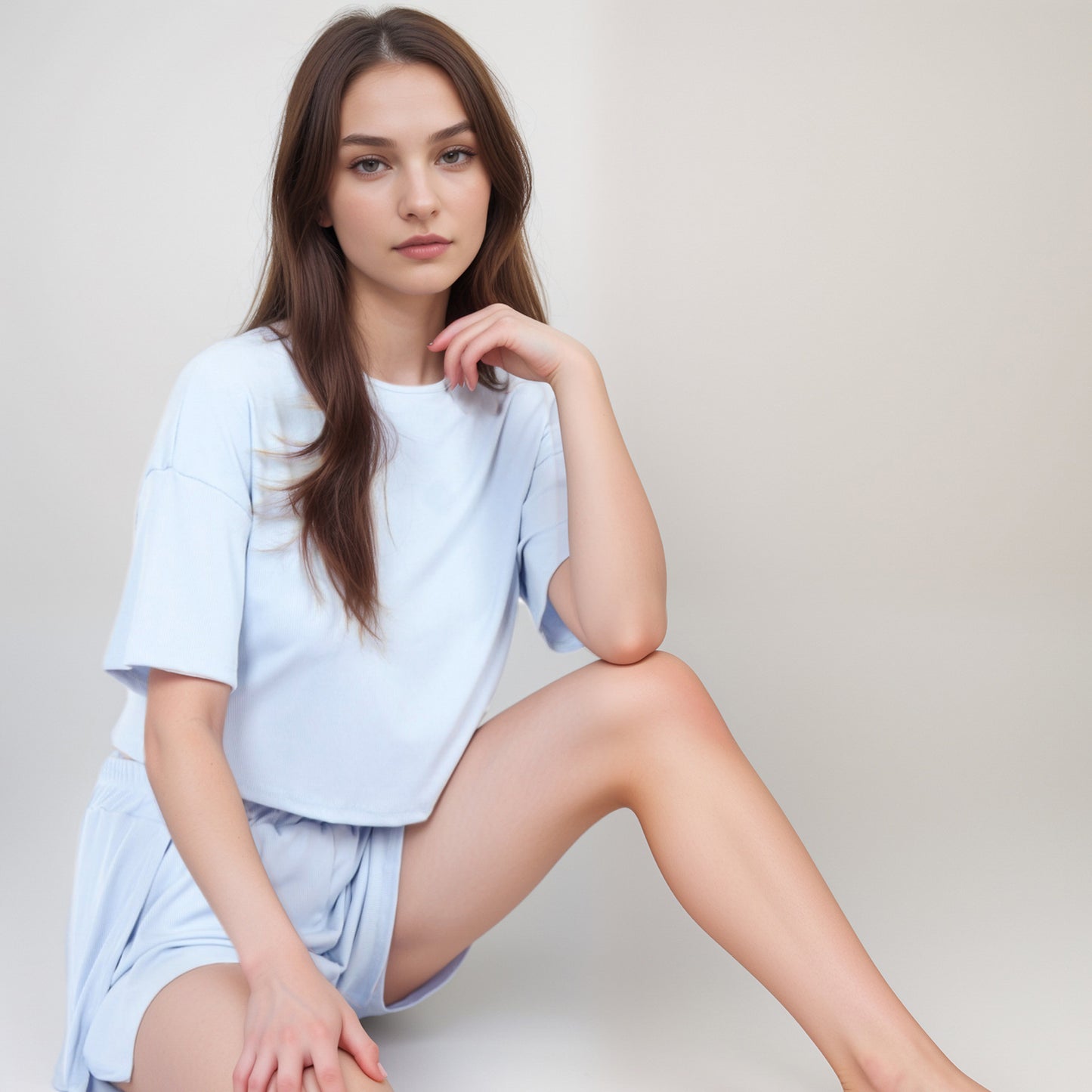 Ribbed Pajama Set with Cropped Short Sleeve Top Crew Neckline and Elastic Waist Lounge Shorts