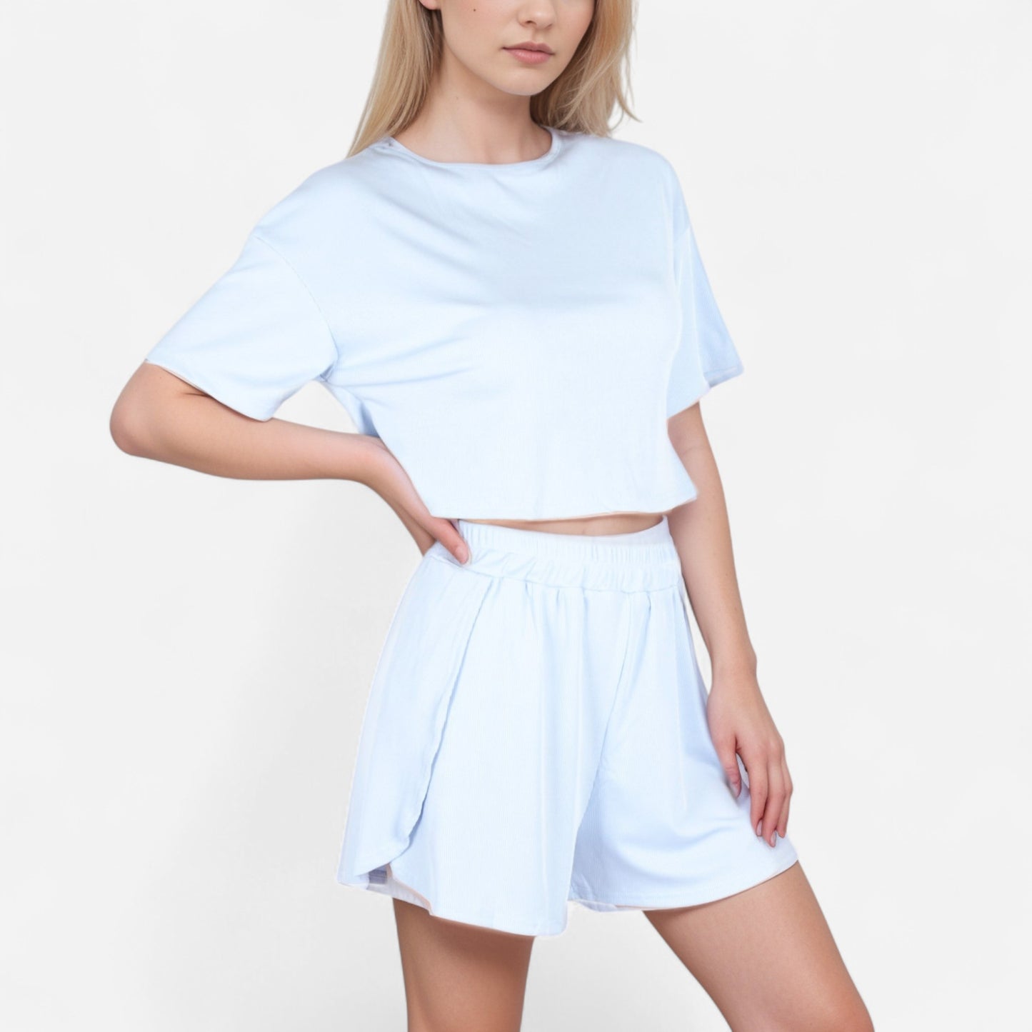 Ribbed Pajama Set with Cropped Short Sleeve Top Crew Neckline and Elastic Waist Lounge Shorts
