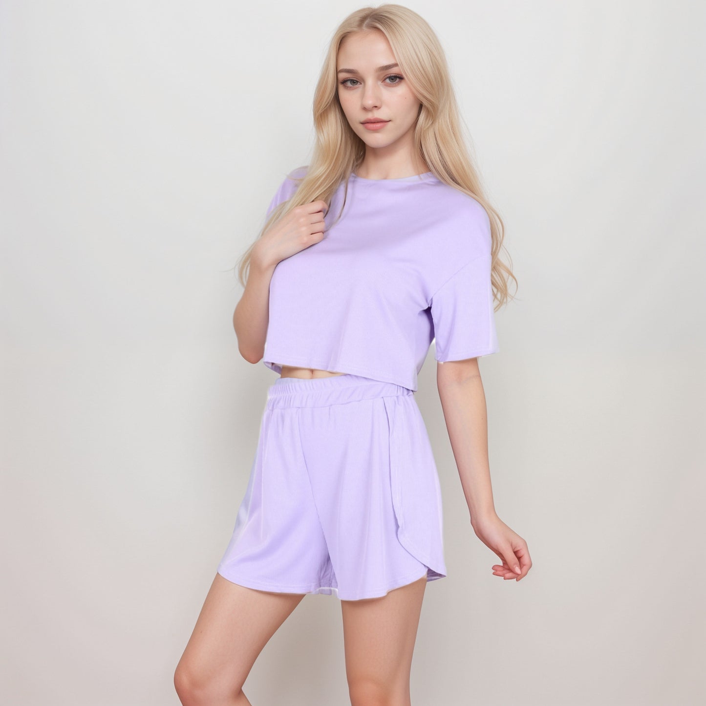Ribbed Pajama Set with Cropped Short Sleeve Top Crew Neckline and Elastic Waist Lounge Shorts
