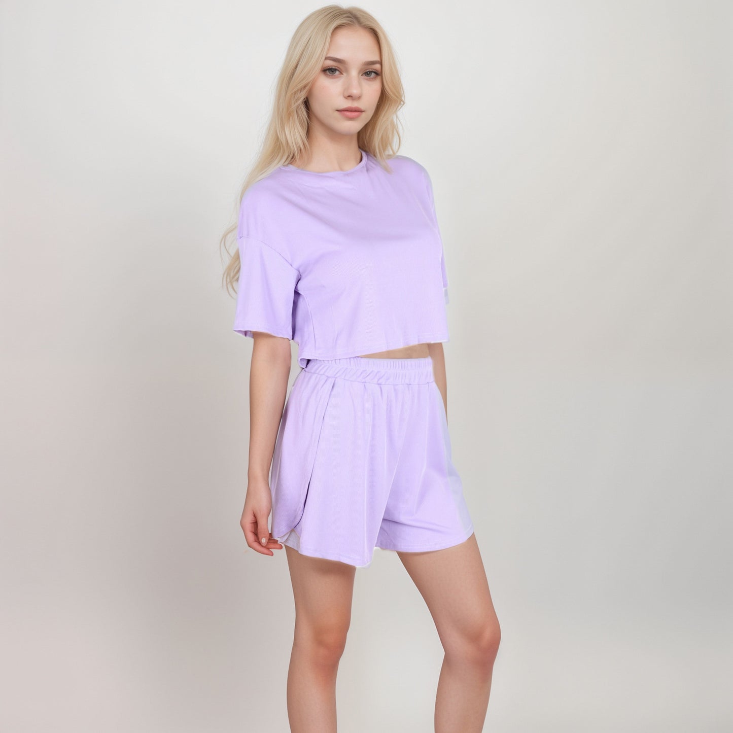 Ribbed Pajama Set with Cropped Short Sleeve Top Crew Neckline and Elastic Waist Lounge Shorts