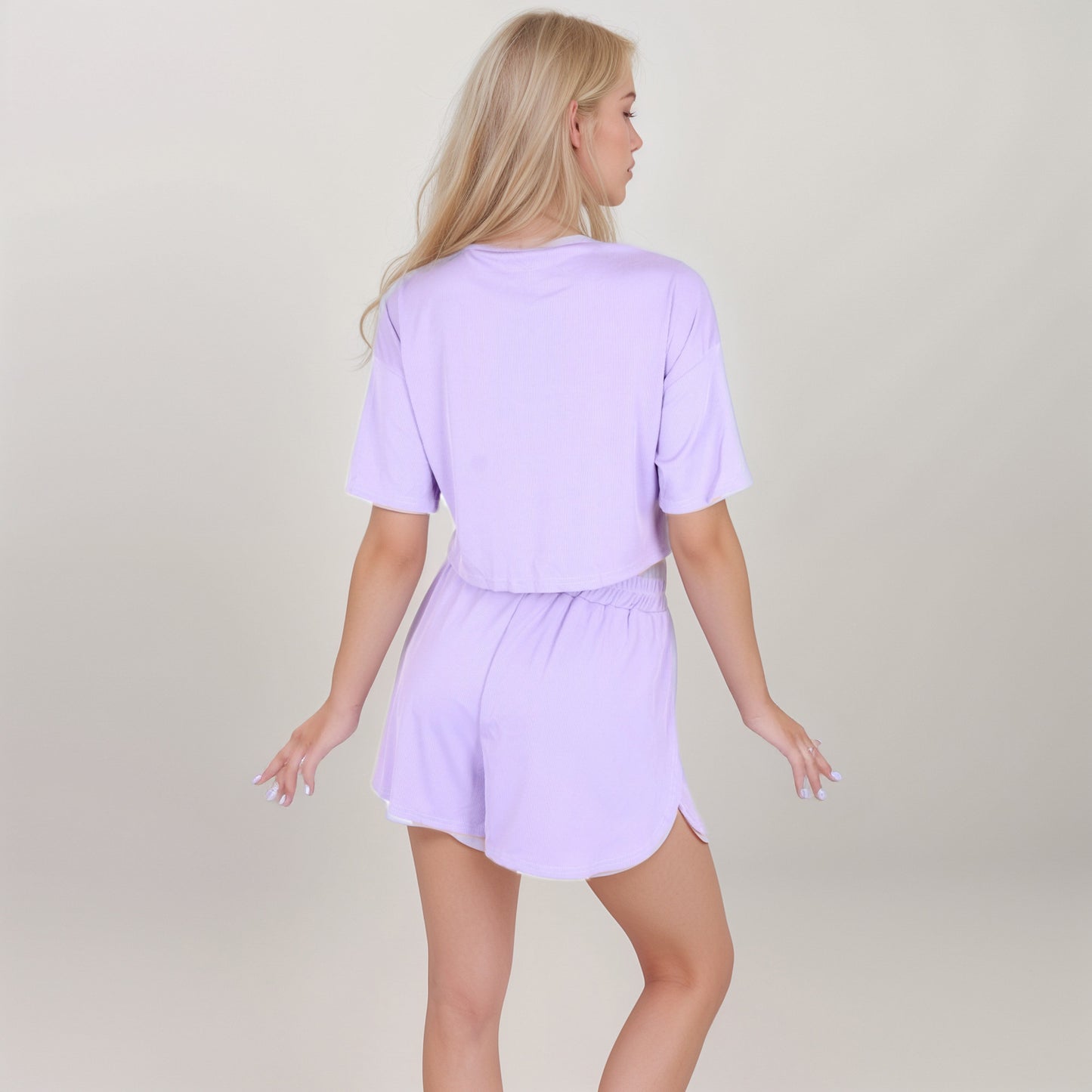 Ribbed Pajama Set with Cropped Short Sleeve Top Crew Neckline and Elastic Waist Lounge Shorts