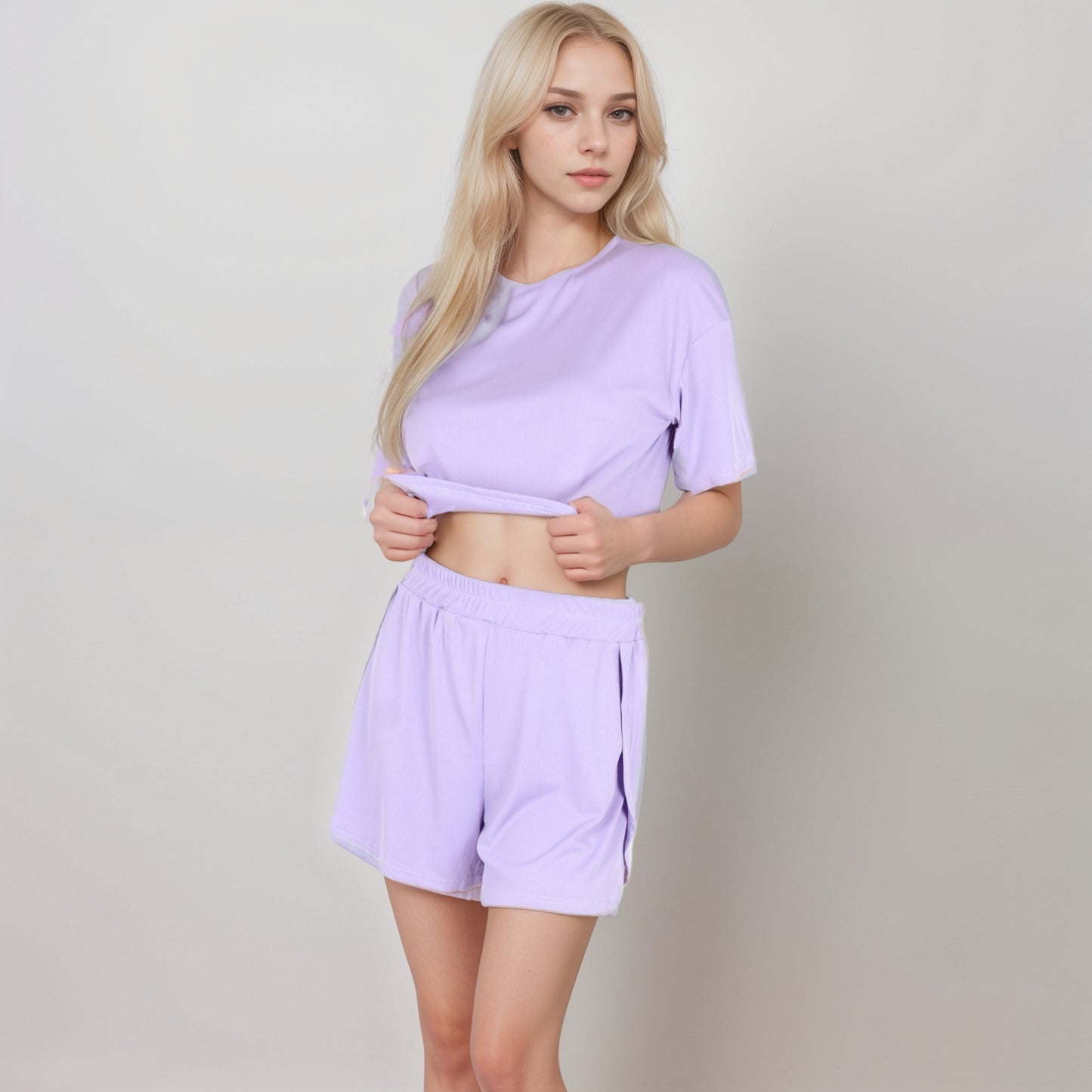 Ribbed Pajama Set with Cropped Short Sleeve Top Crew Neckline and Elastic Waist Lounge Shorts