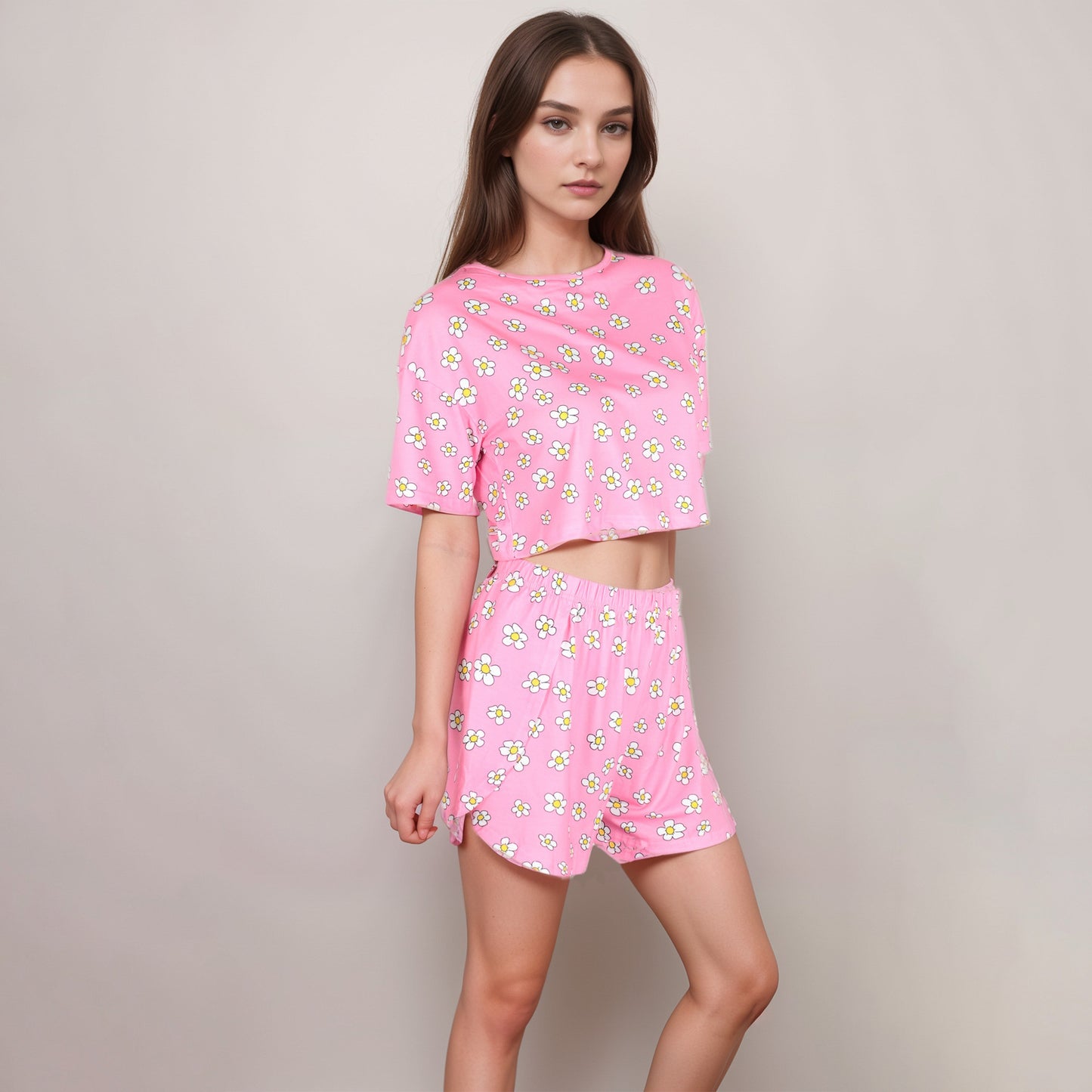 Daisy Print Pajama Set with Cropped Short Sleeve Top Crew Neckline and Elastic Waist Relaxed Fit Shorts