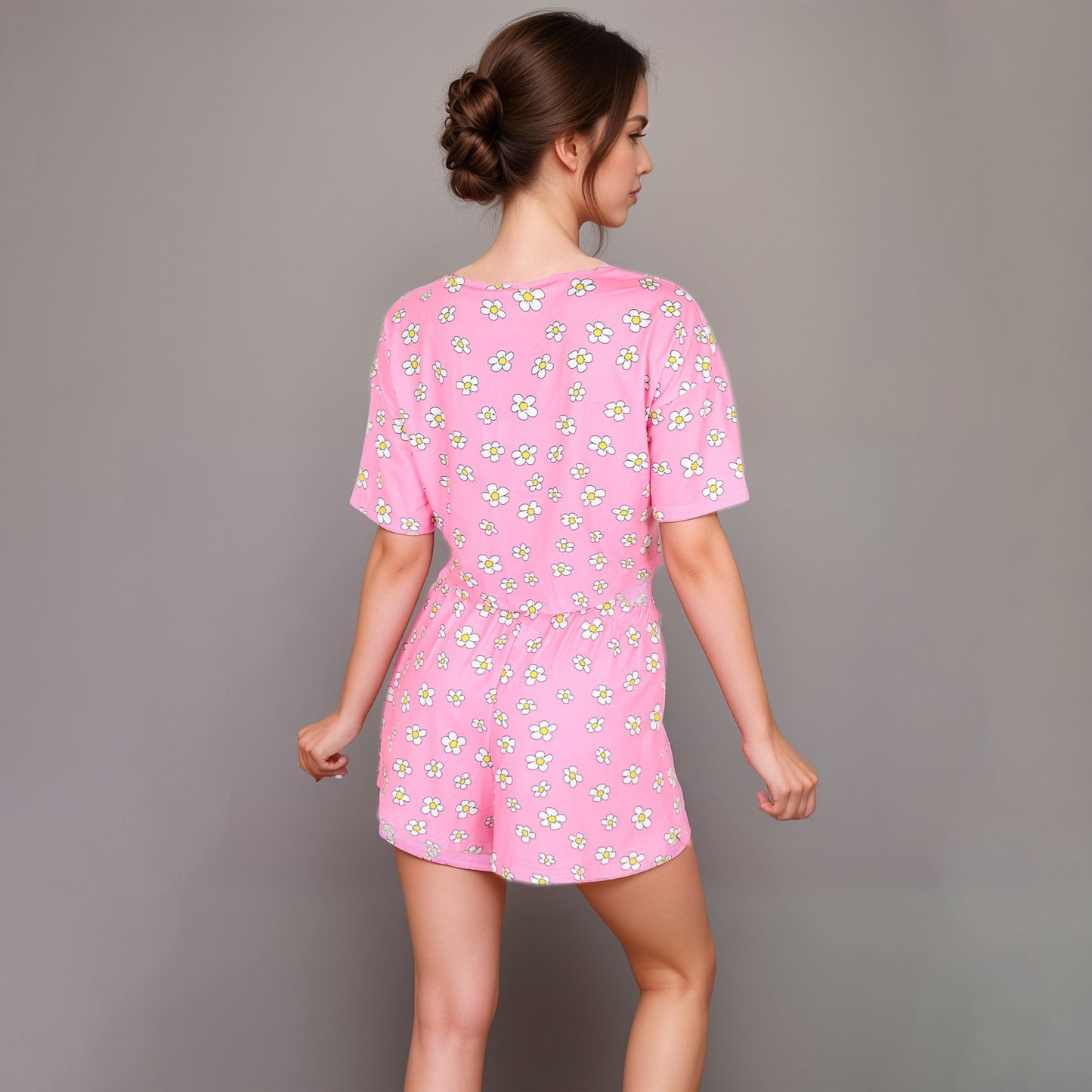 Daisy Print Pajama Set with Cropped Short Sleeve Top Crew Neckline and Elastic Waist Relaxed Fit Shorts