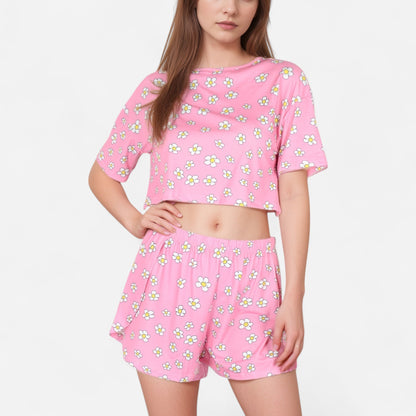 Daisy Print Pajama Set with Cropped Short Sleeve Top Crew Neckline and Elastic Waist Relaxed Fit Shorts