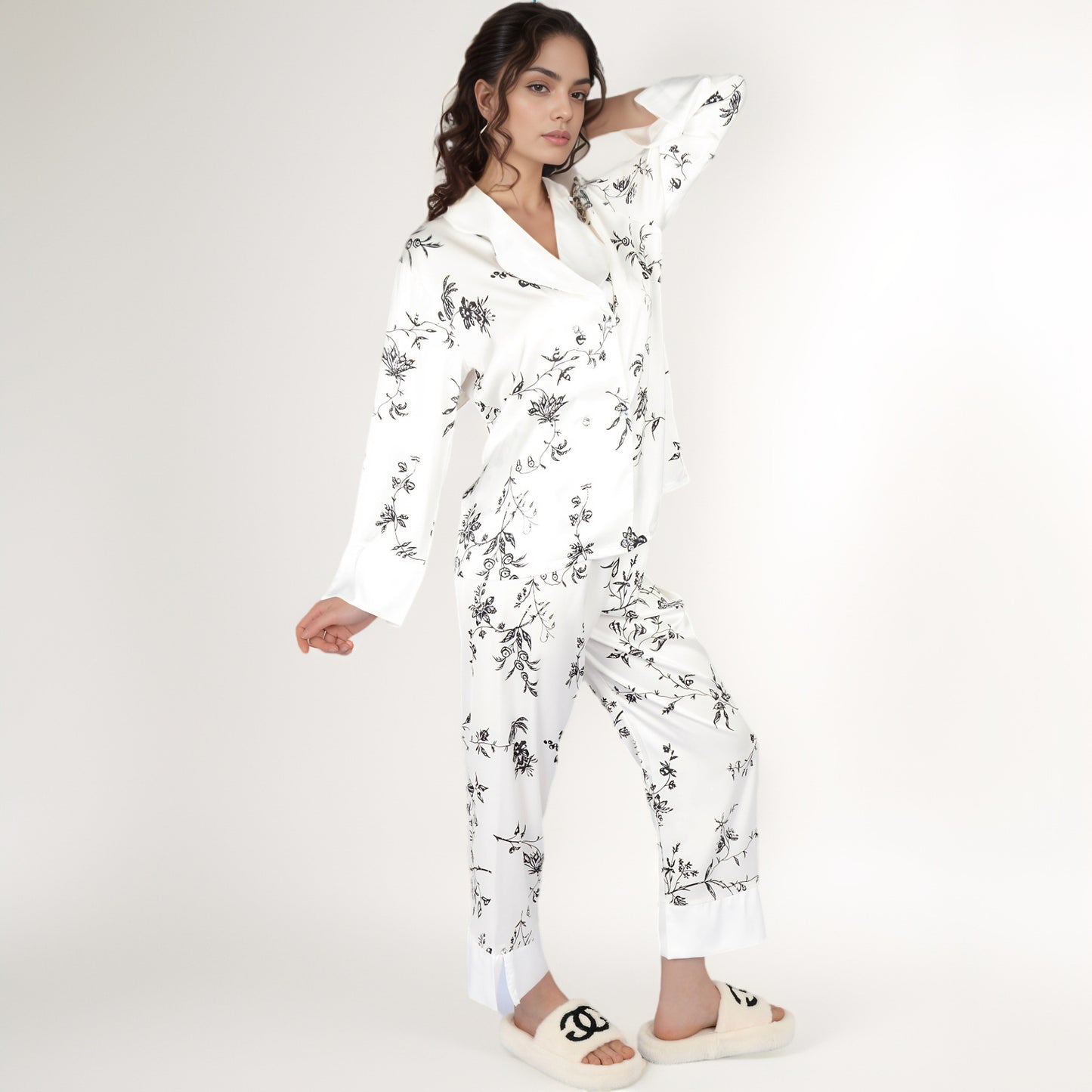 Satin Floral Pajama Set with Long Sleeve Notched Collar Button-Up Top and Relaxed Fit Full-Length Pants