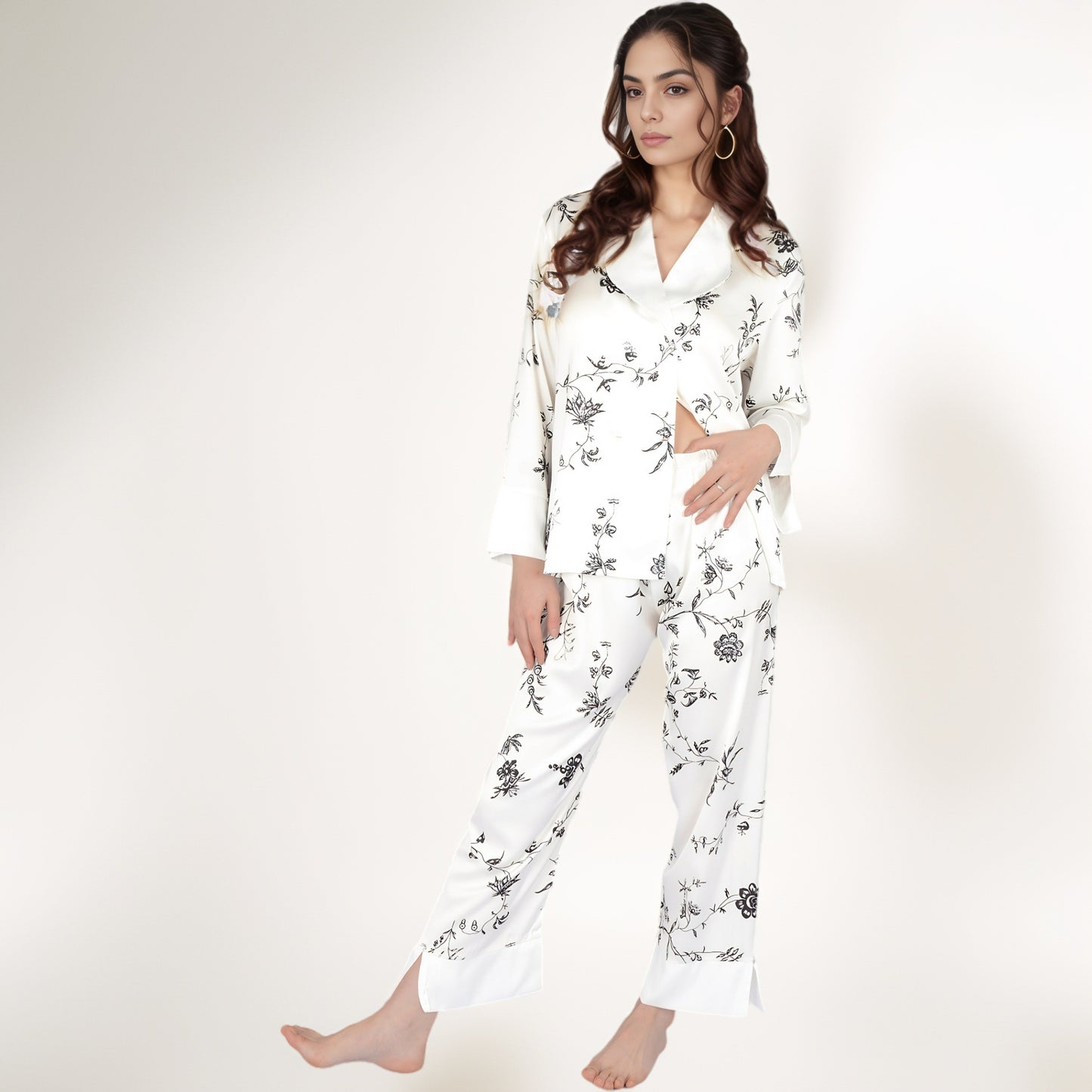 Satin Floral Pajama Set with Long Sleeve Notched Collar Button-Up Top and Relaxed Fit Full-Length Pants