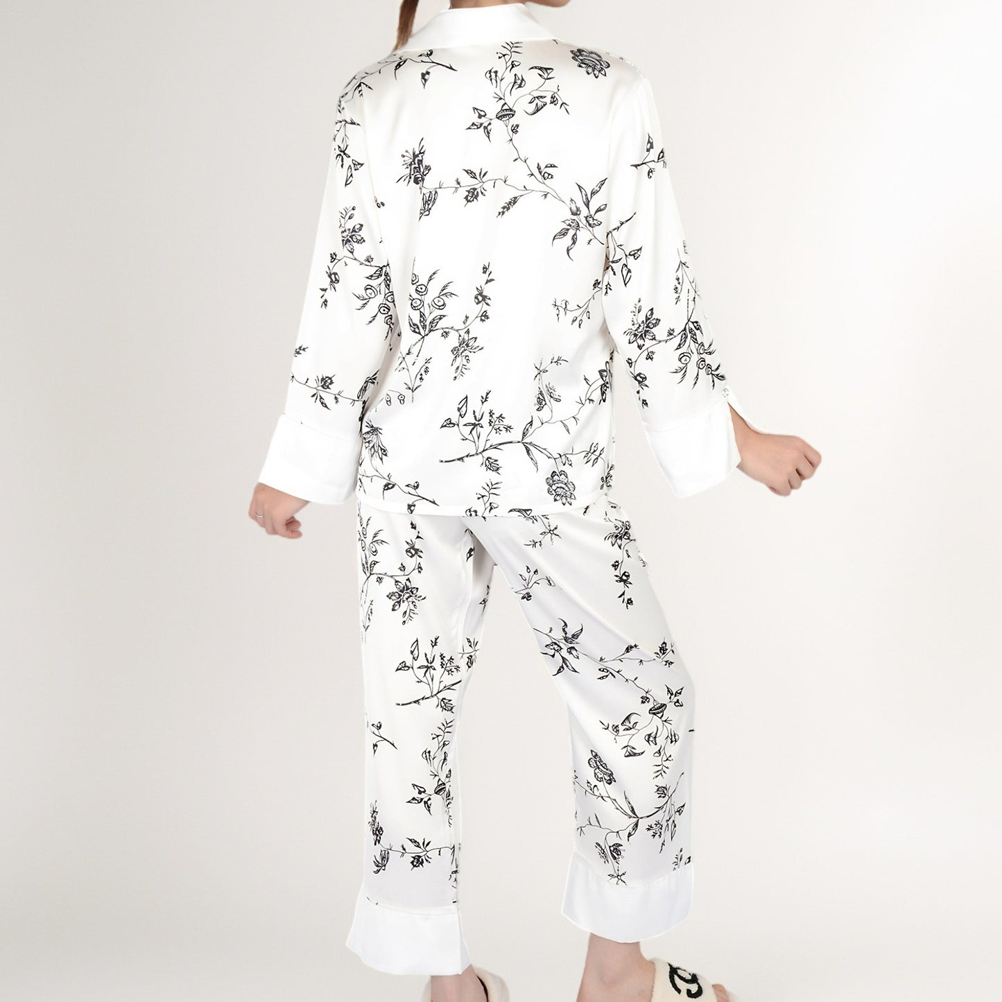Satin Floral Pajama Set with Long Sleeve Notched Collar Button-Up Top and Relaxed Fit Full-Length Pants