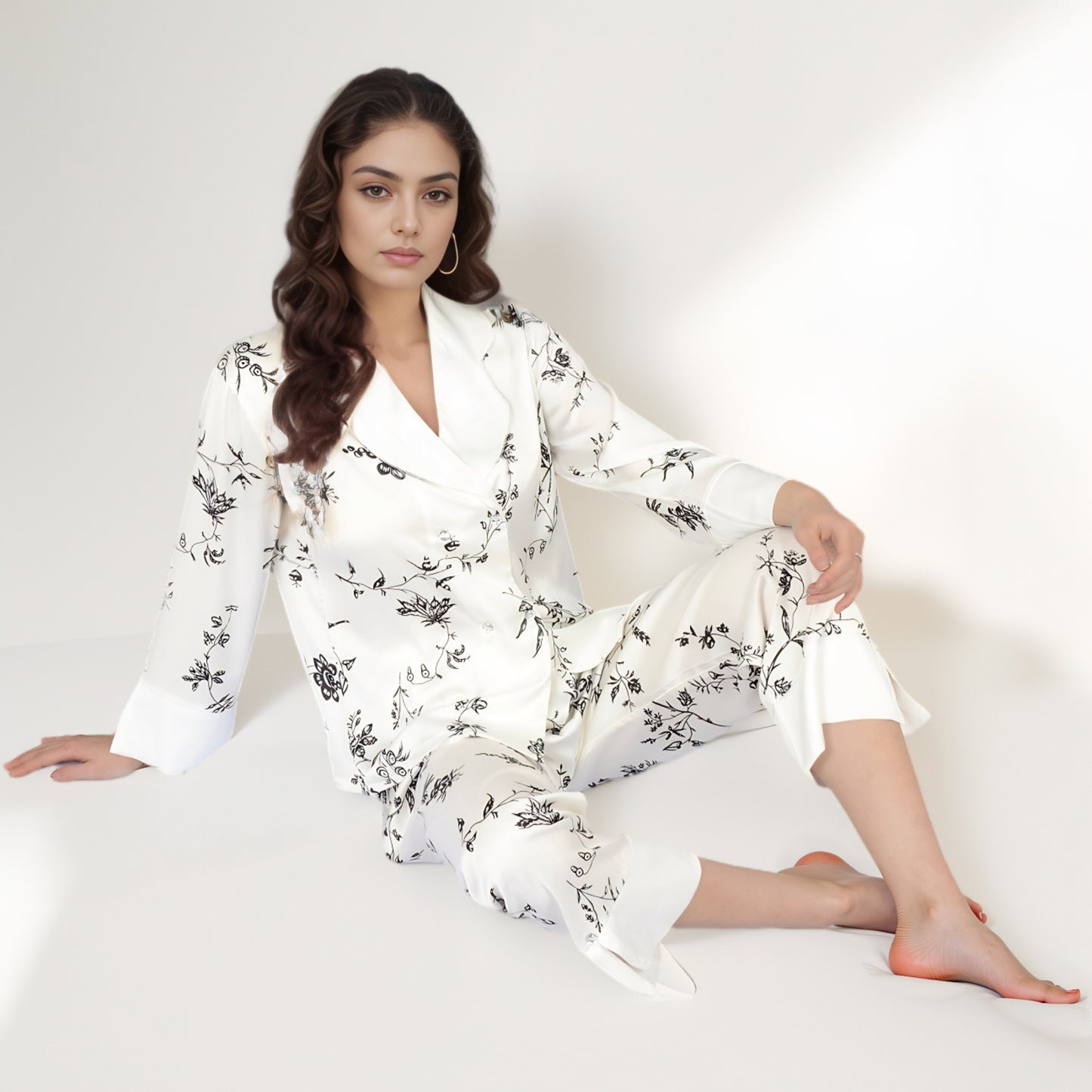 Satin Floral Pajama Set with Long Sleeve Notched Collar Button-Up Top and Relaxed Fit Full-Length Pants