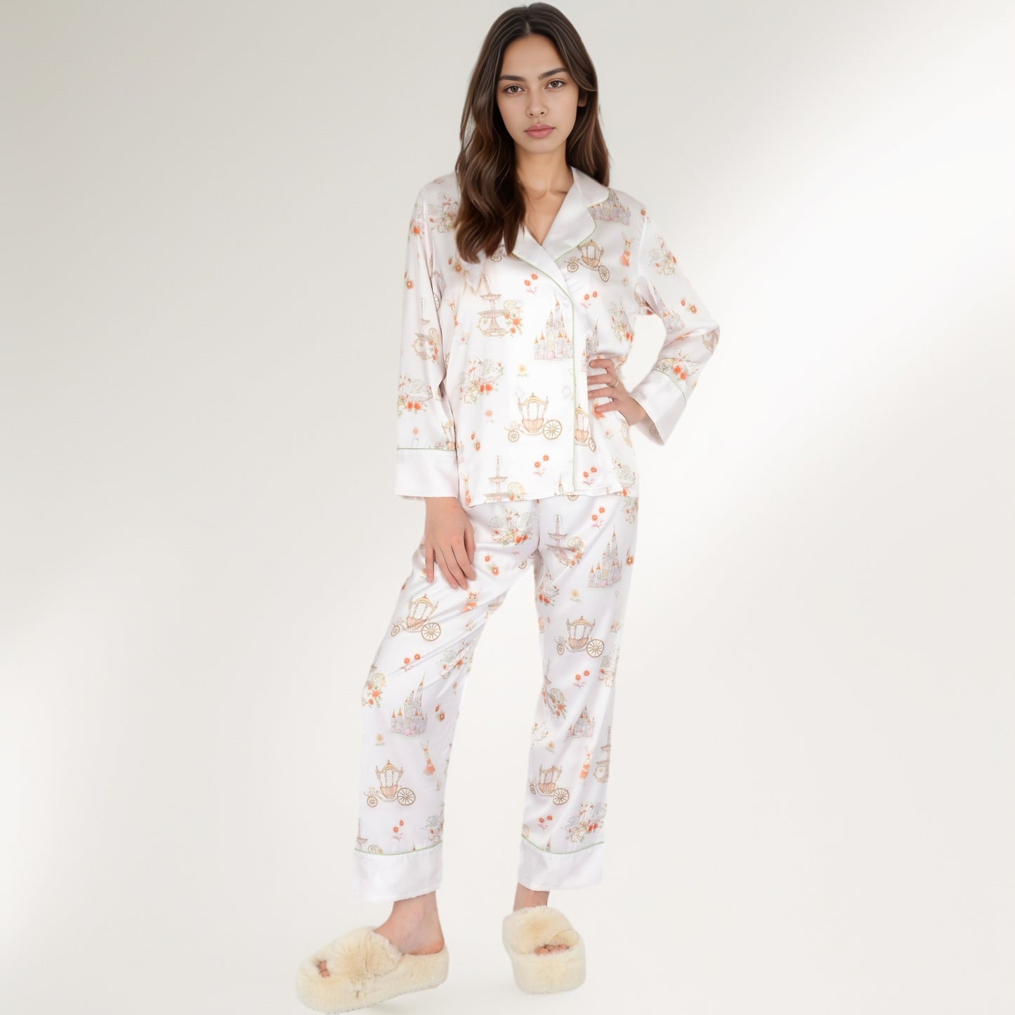 Satin Floral Pajama Set with Long Sleeve Notched Collar Button-Up Top and Relaxed Fit Full-Length Pants