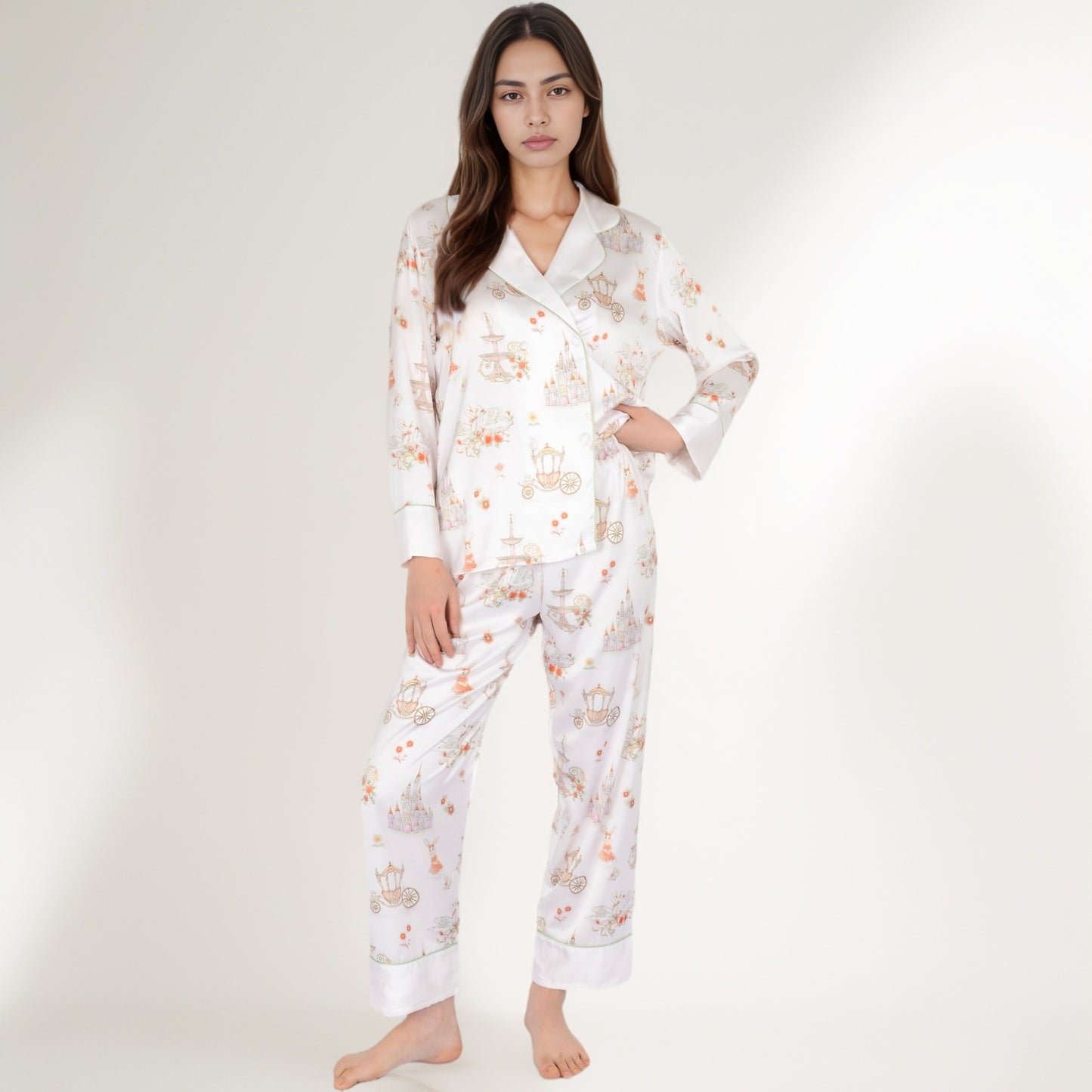 Satin Floral Pajama Set with Long Sleeve Notched Collar Button-Up Top and Relaxed Fit Full-Length Pants